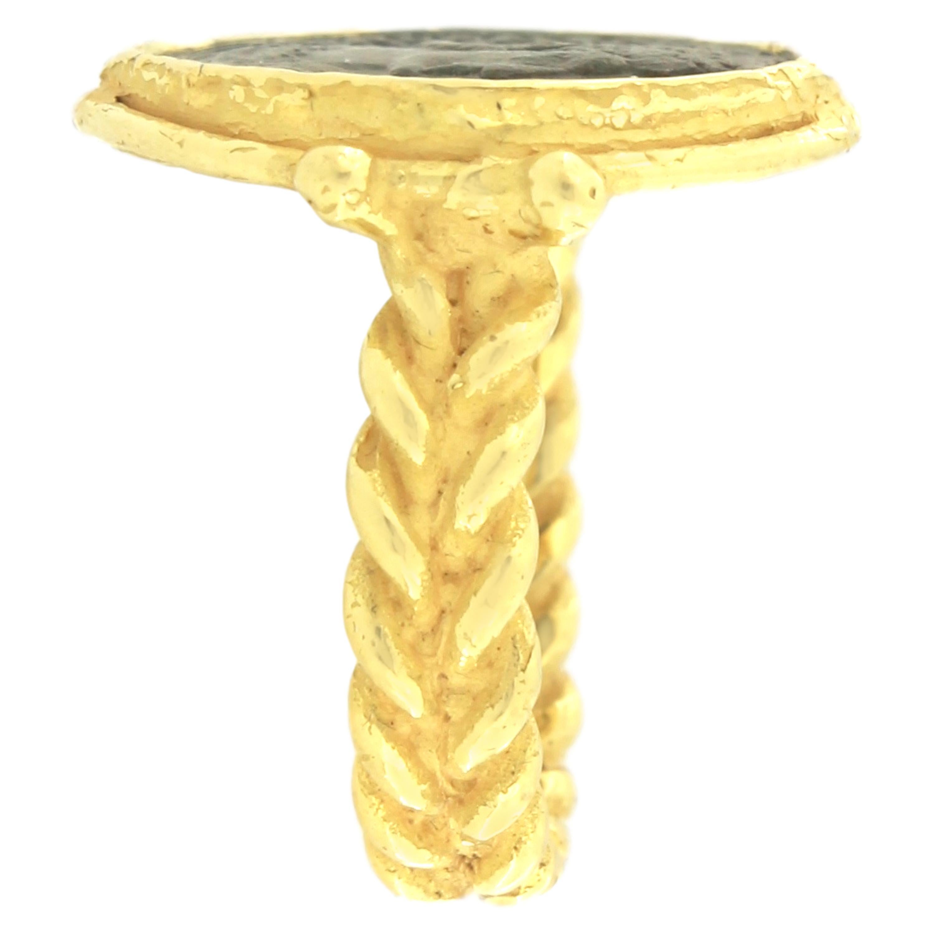 Contemporary Sacchi Ancient Roman Coin Crossed Rope Ring 18 Karat Satin Yellow Gold For Sale