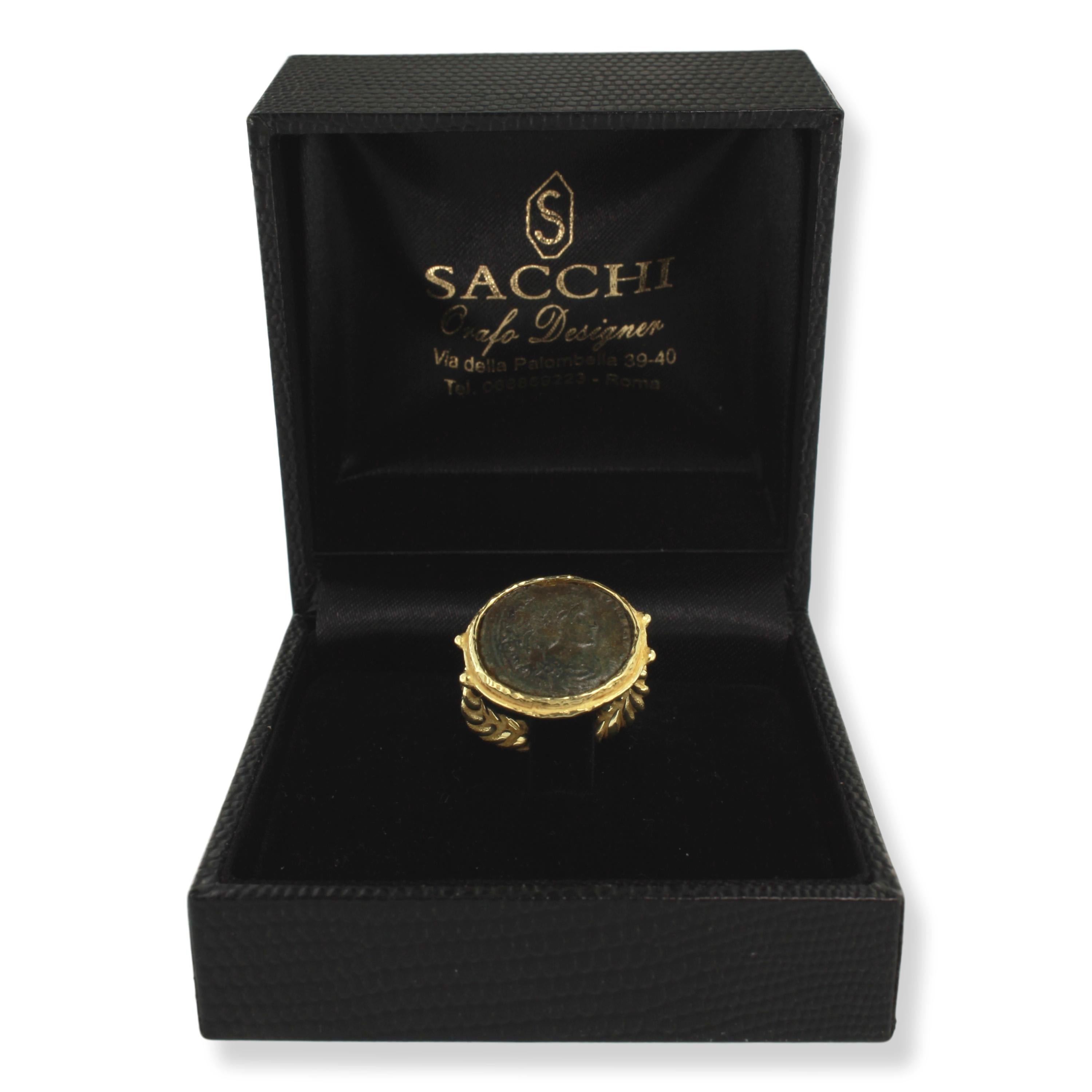 Sacchi Ancient Roman Coin Crossed Rope Ring 18 Karat Satin Yellow Gold For Sale 1