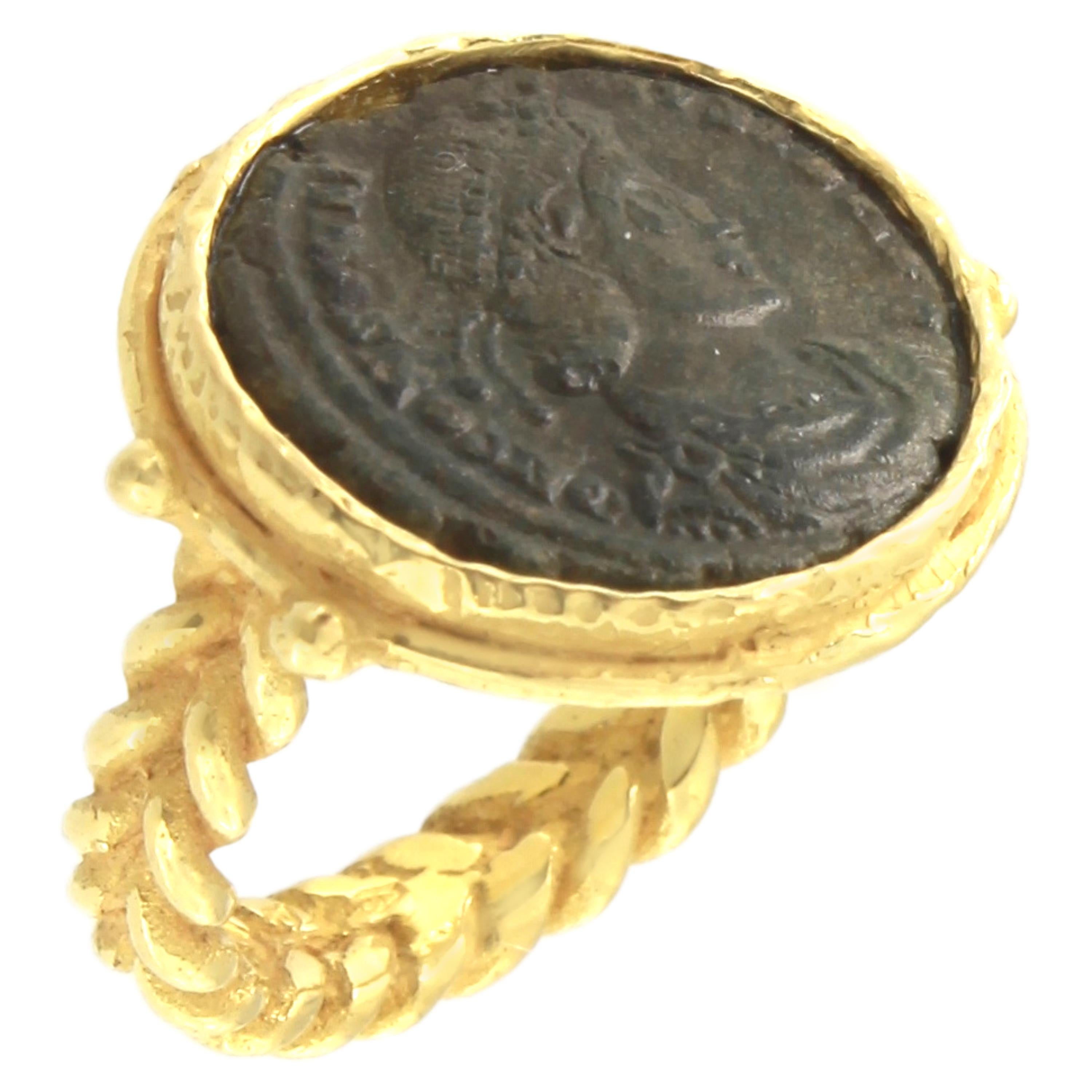 Sacchi Ancient Roman Coin Crossed Rope Ring 18 Karat Satin Yellow Gold
