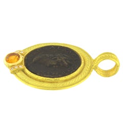 Sacchi Ancient Roman Coin Diamonds and Topaz Gemstone 18 Karat Gold Pendant