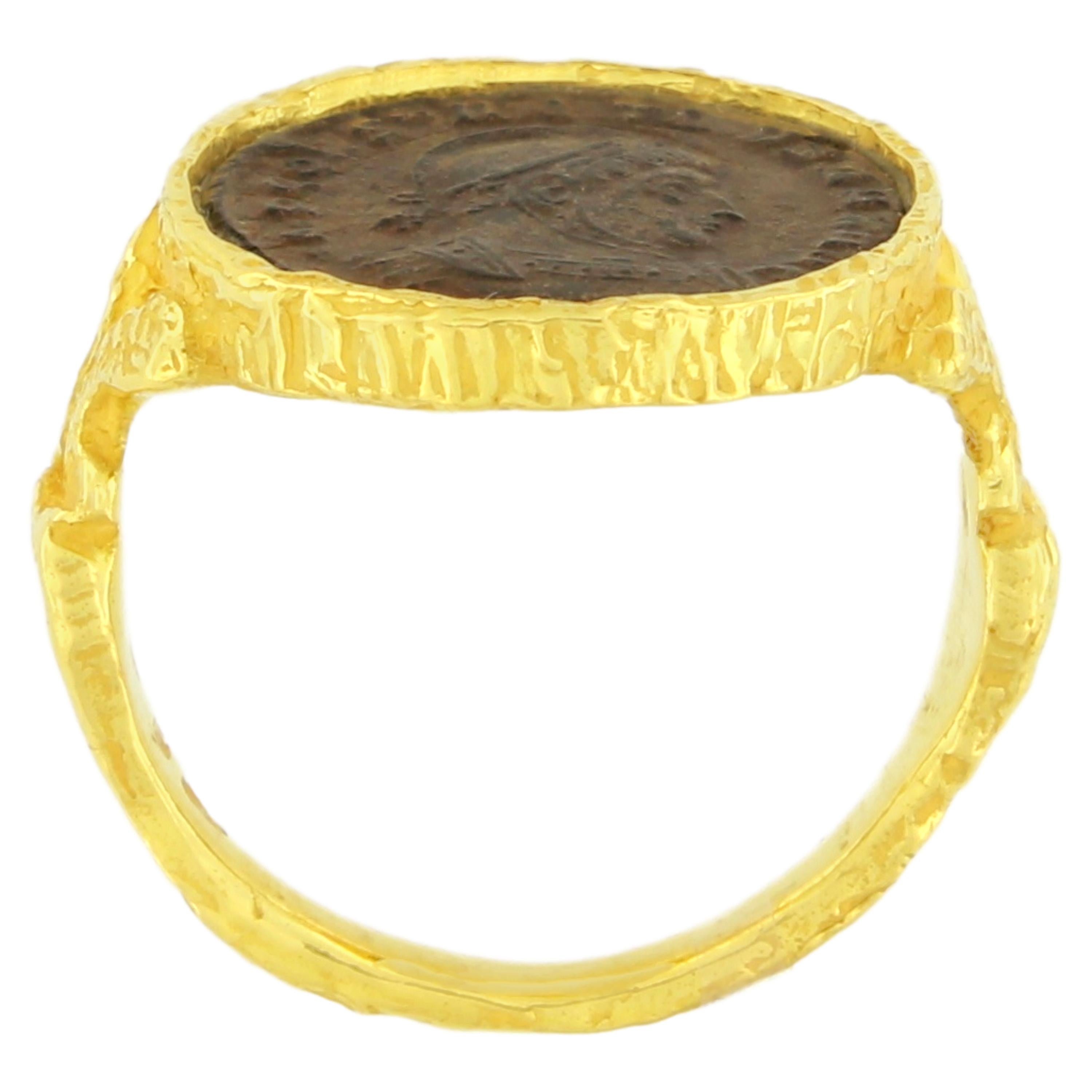 Contemporary Sacchi Ancient Roman Coin Ring 18 Karat Satin Yellow Gold