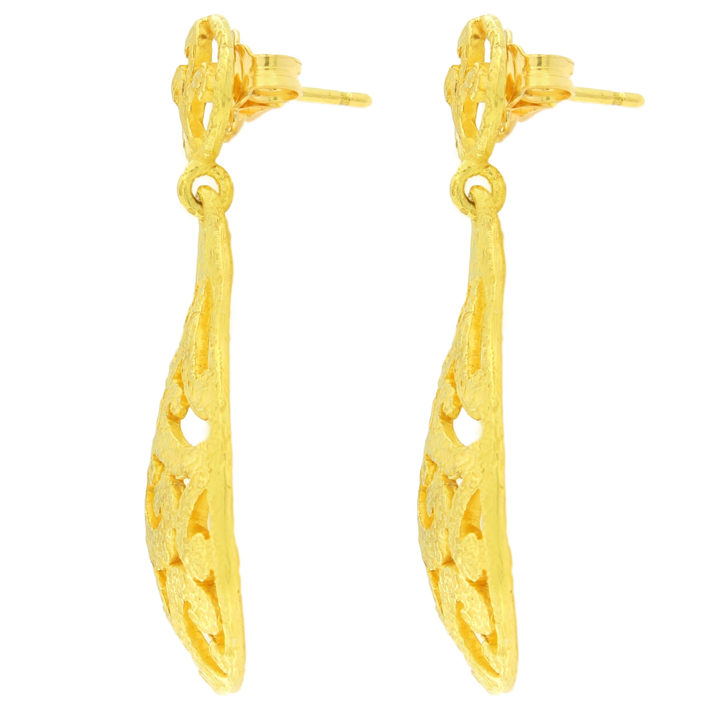 Gorgeous Art Deco  Style Curlicue Style Drop Earrings in Satin Yellow Gold, hand-crafted with lost-wax casting technique.

Lost-wax casting, one of the oldest techniques for creating jewelry, forms the basis of Sacchi's jewelry production. Modelling