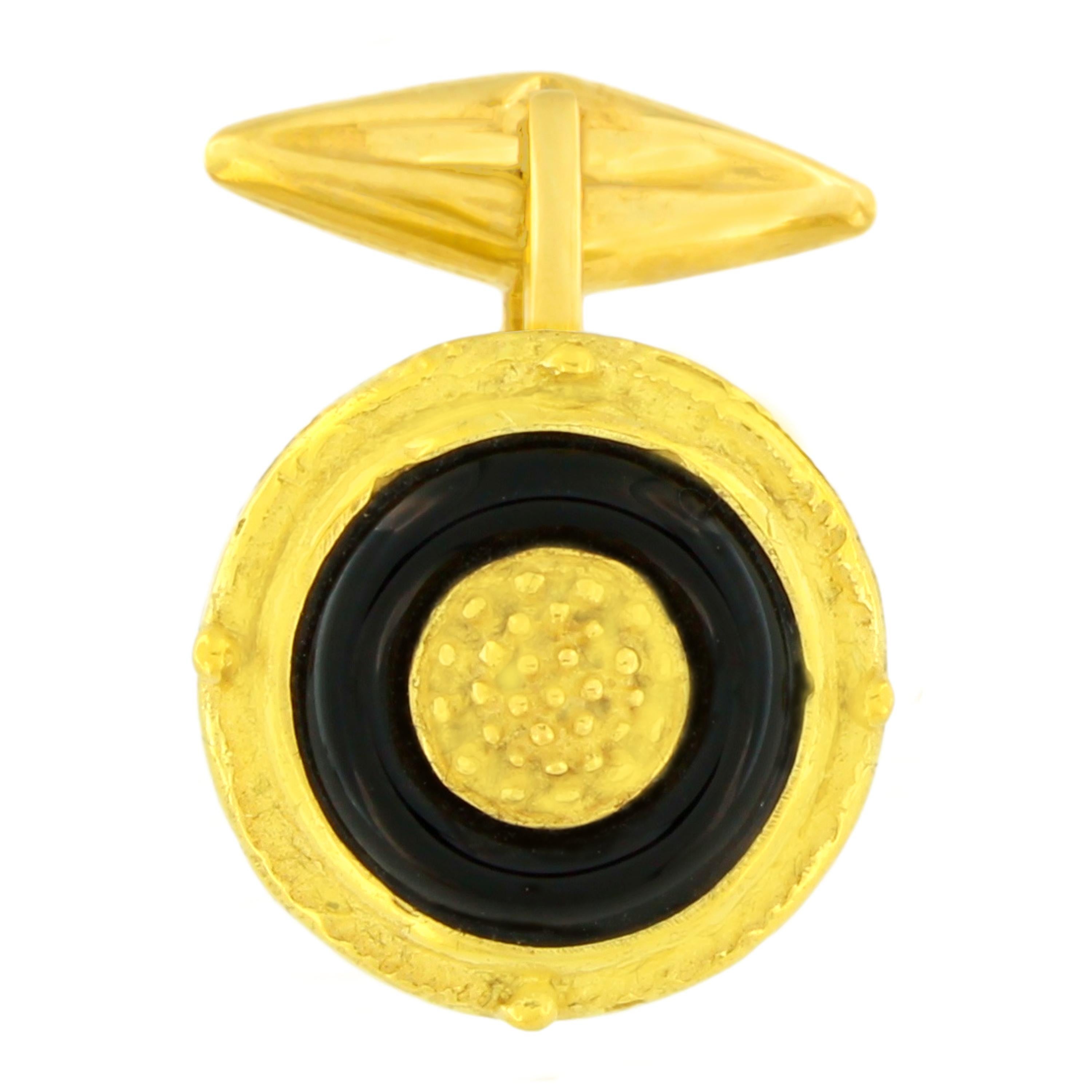 Contemporain Sacchi Boutons de manchette ronds en or jaune 18 carats avec onyx noir et pierre précieuse en vente