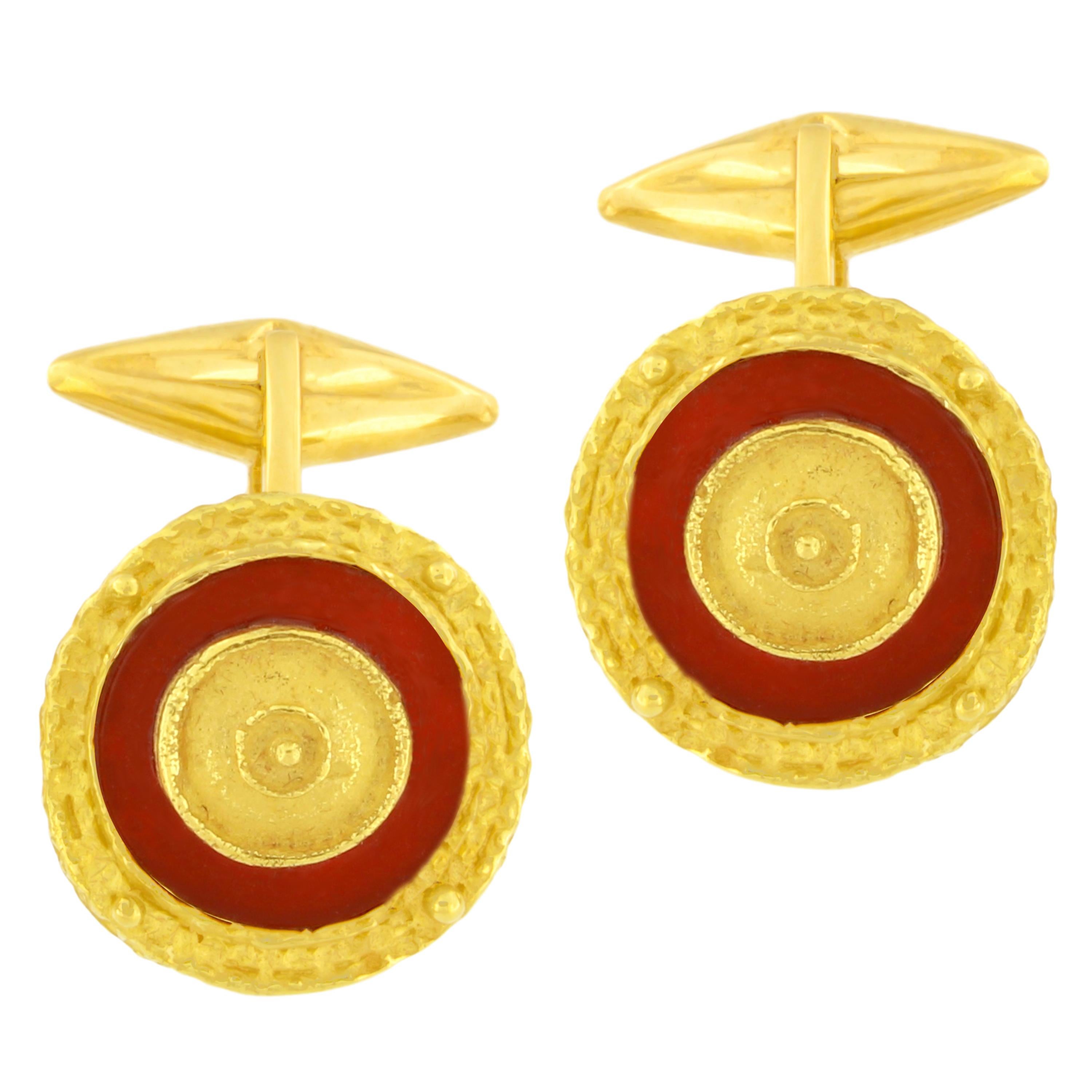 Sacchi Boutons de manchette ronds en or jaune 18 carats avec cornaline et pierres précieuses en vente