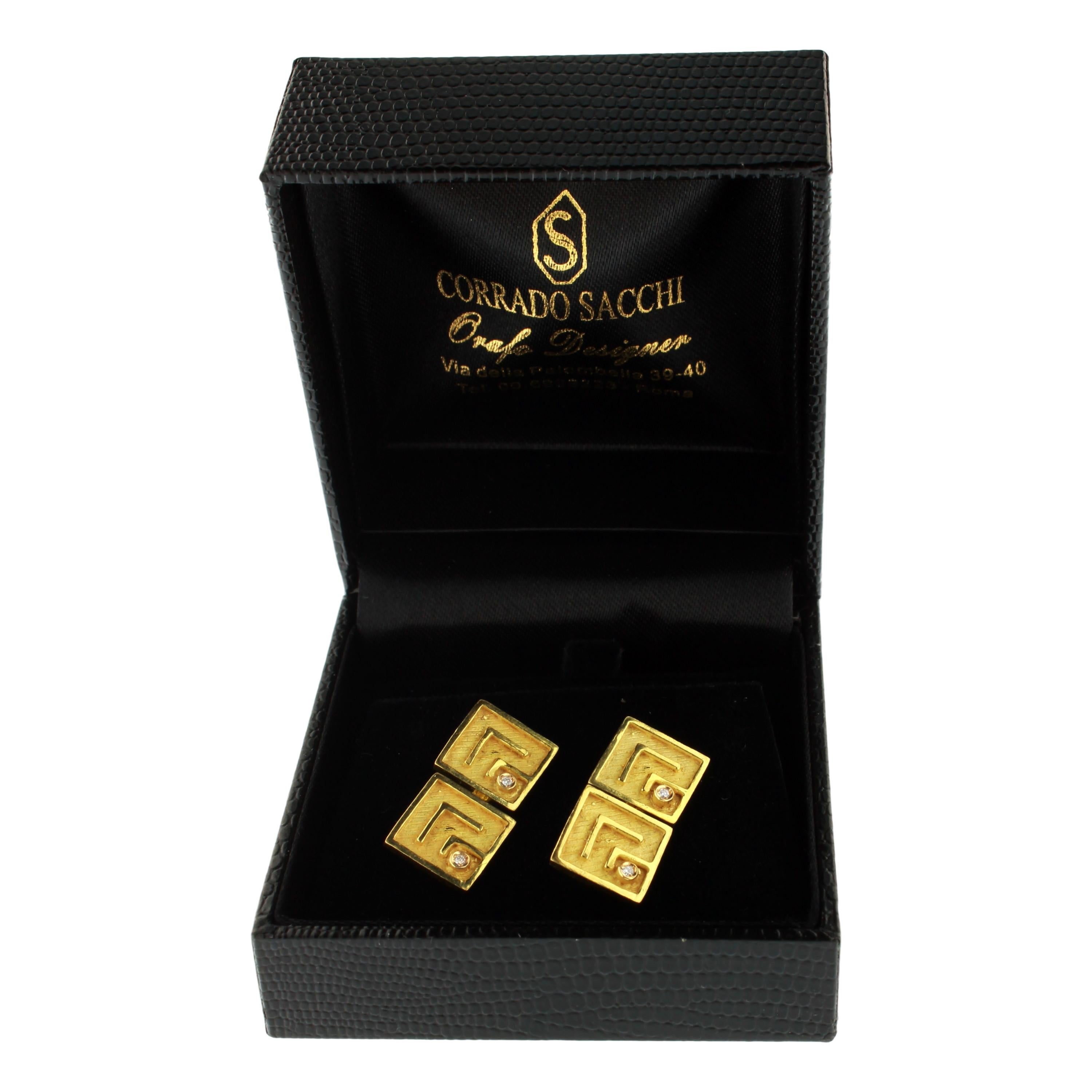 Sacchi Diamond Gemstone 18 Karat Satin Yellow Gold Square Chain Link Cufflinks 2