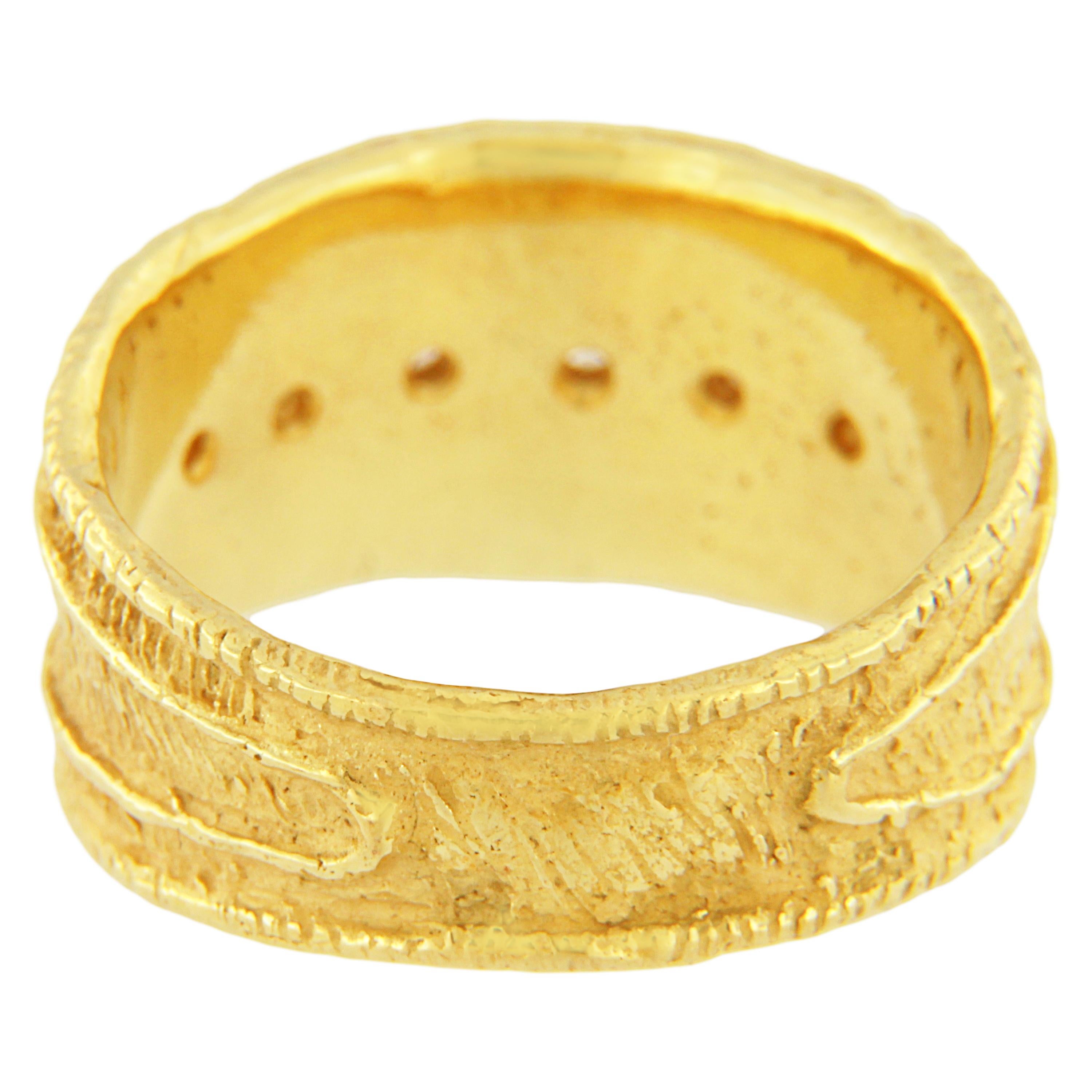 Round Cut Sacchi Diamonds Gemstone 18 Karat Satin Yellow Gold Wide Band Ring Roman Style
