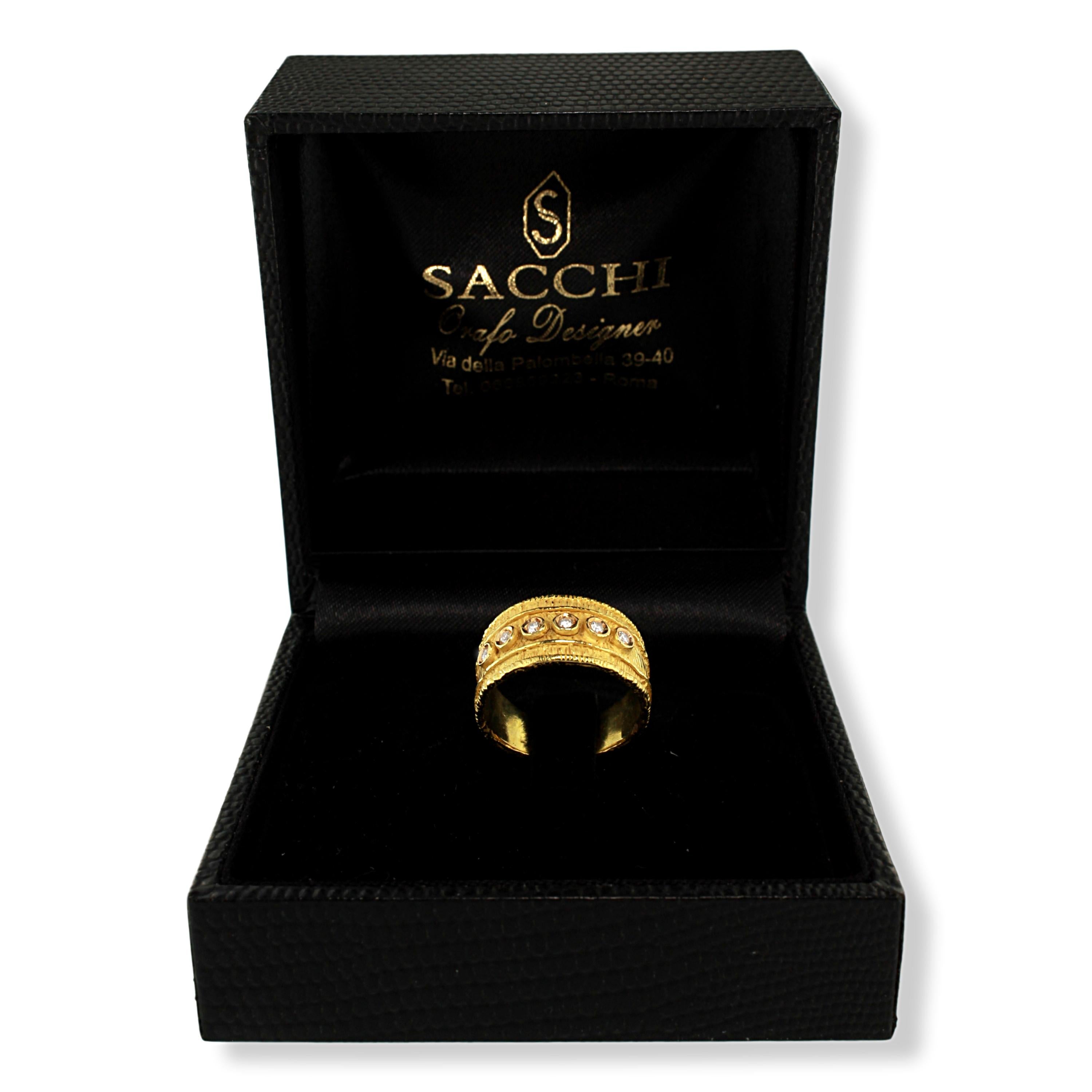 Sacchi Diamonds Gemstone 18 Karat Satin Yellow Gold Wide Band Ring Roman Style For Sale 1