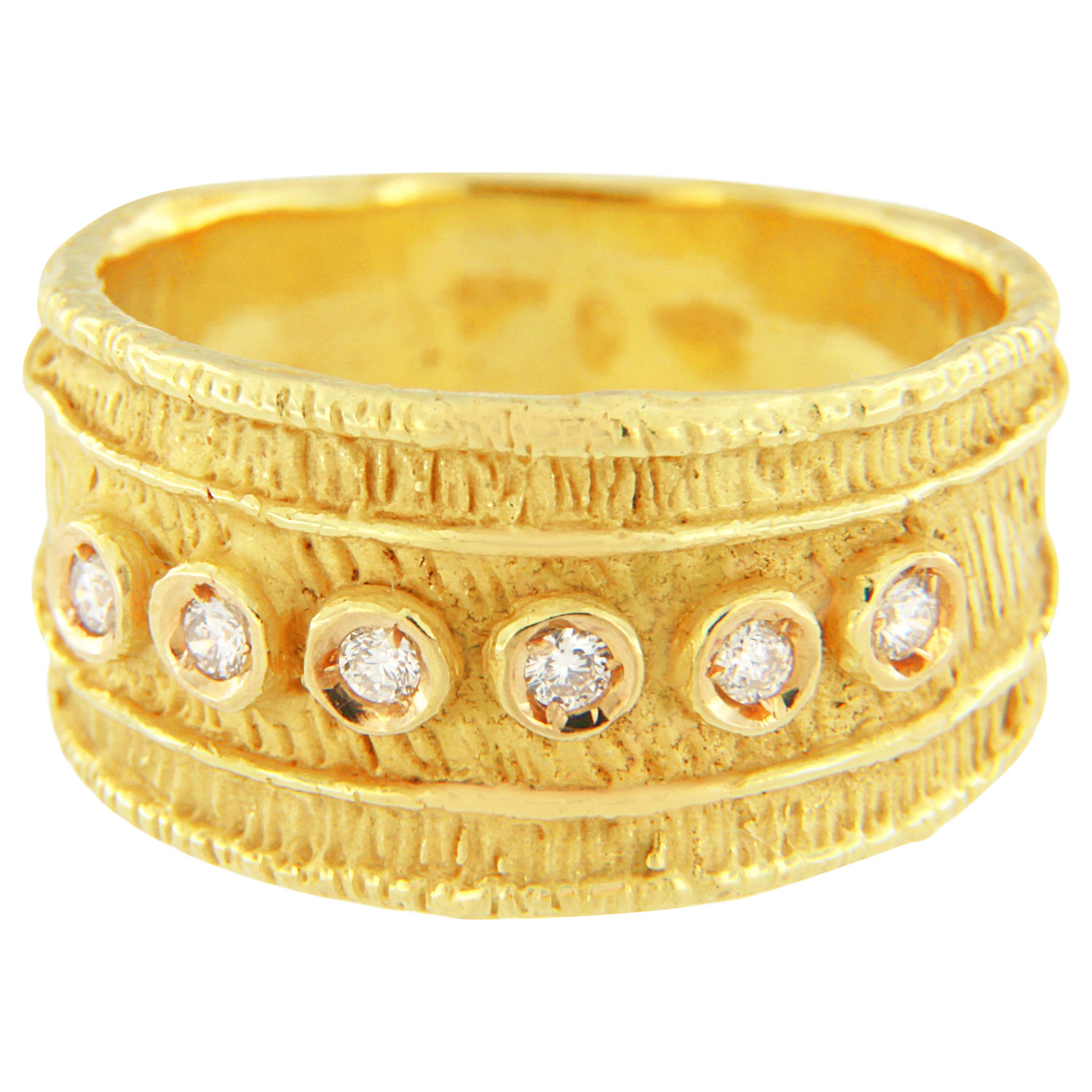 Sacchi Diamonds Gemstone 18 Karat Satin Yellow Gold Wide Band Ring Roman Style
