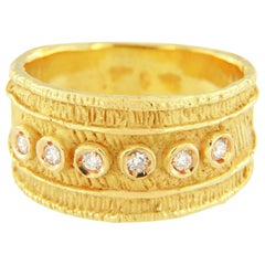 Sacchi Diamonds Gemstone 18 Karat Satin Yellow Gold Wide Band Ring Roman Style