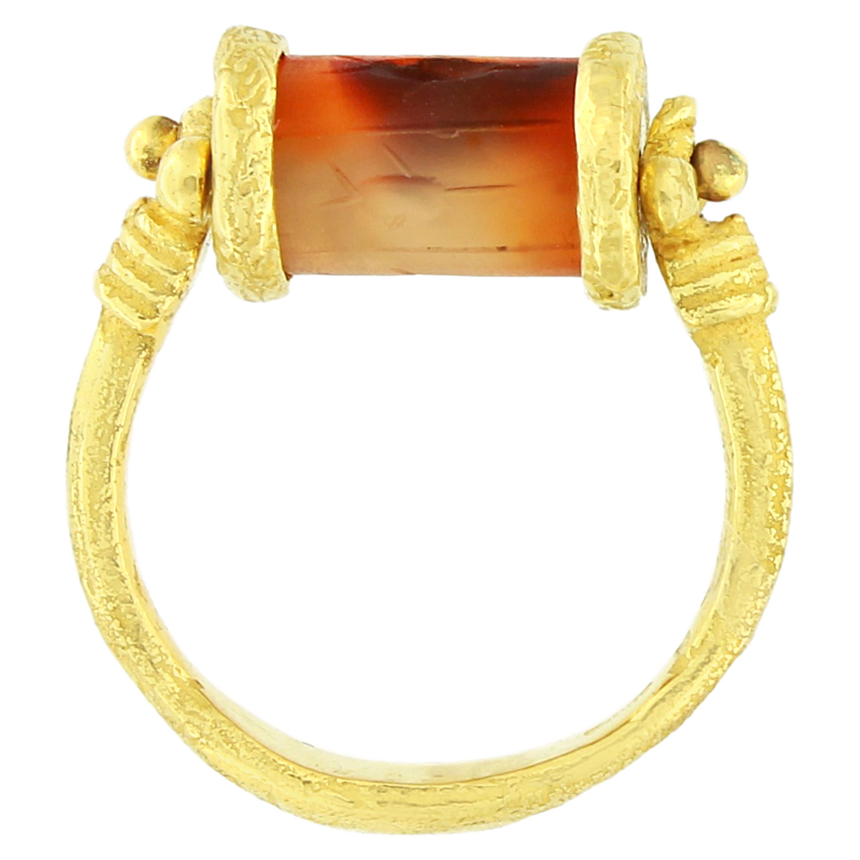 Gorgeous Engraved Carnelian Cylinder Seal Ring in Satin Yellow Gold, from Sacchi’s 