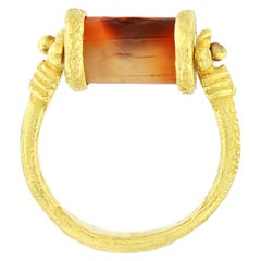 Sacchi Engraved Carnelian Cylinder Seal Ring 18 Karat Satin Yellow Gold