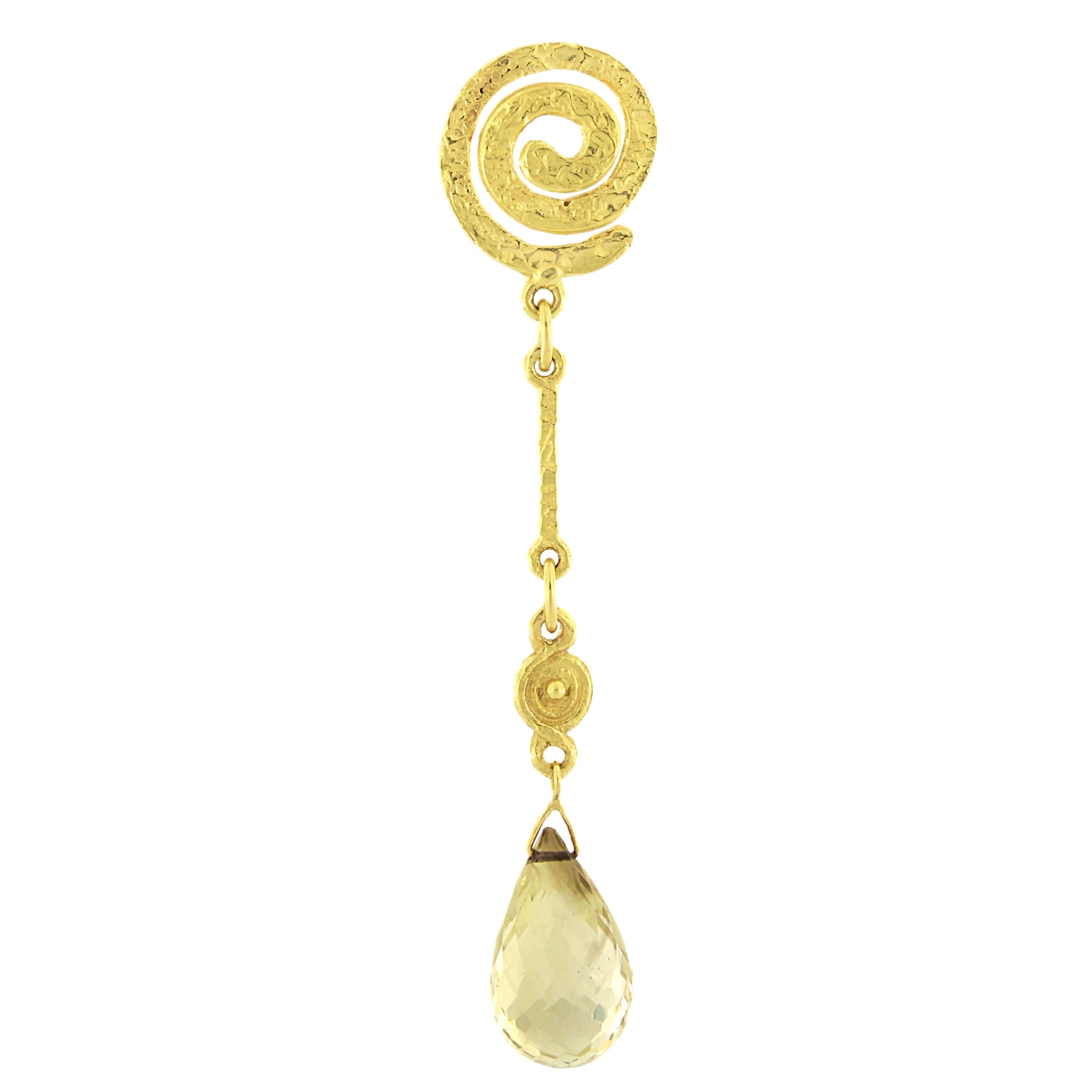 Lovely Green Amethyst 18 Karat Satin Yellow Gold Drop Earrings, from Sacchi's 