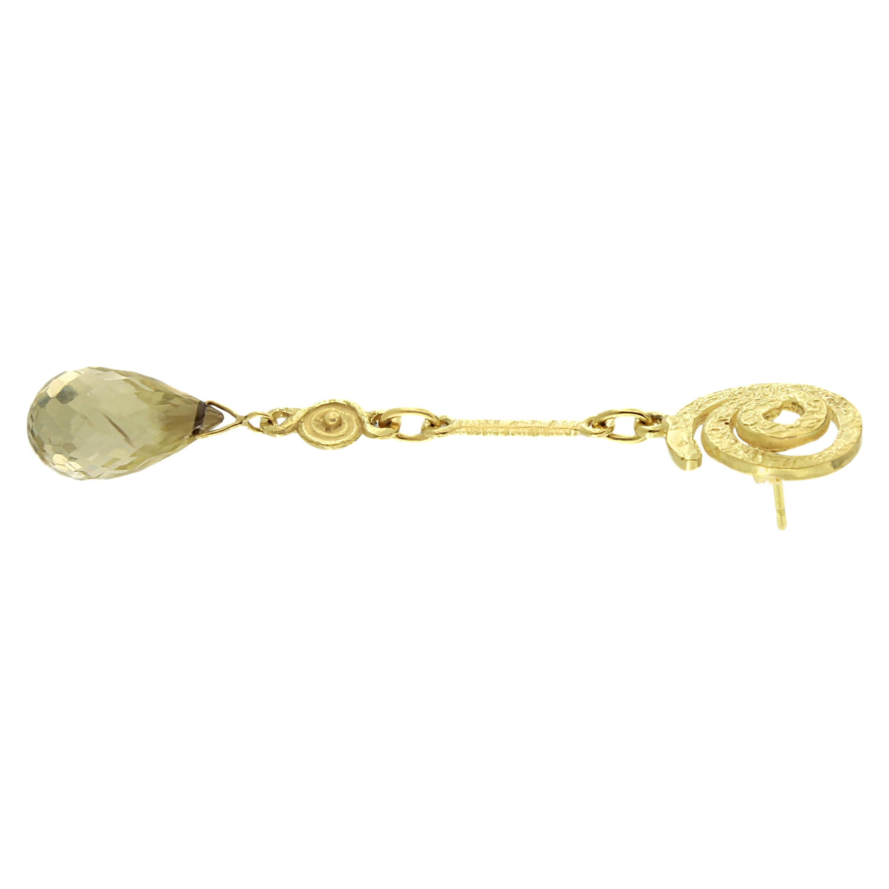Pear Cut Sacchi Green Amethyst Gemstone 18 Karat Satin Yellow Gold Drop Earrings For Sale