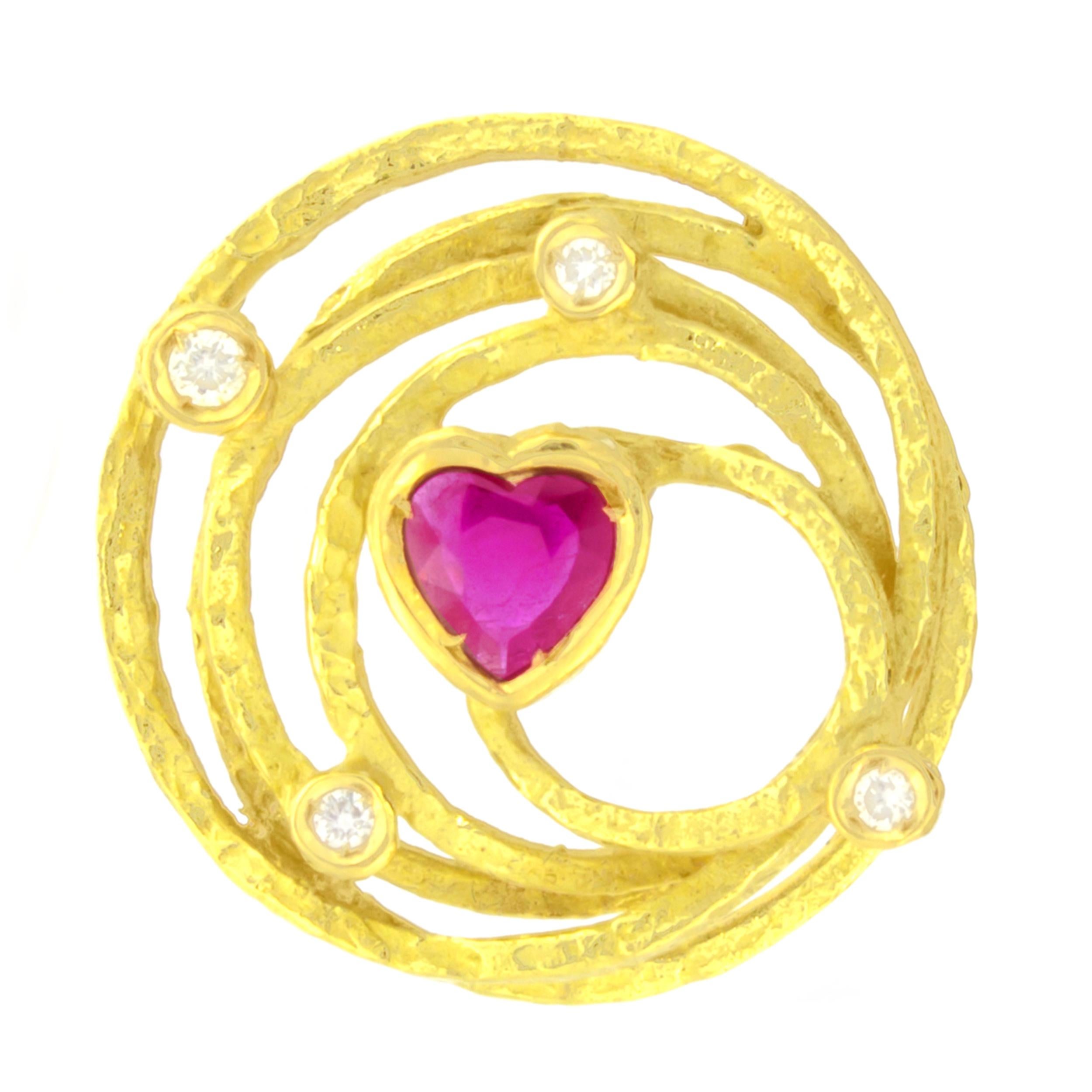 Contemporary Sacchi Universe Heart Ruby and Diamonds Gemstones 18 Karat Yellow Gold Earrings For Sale