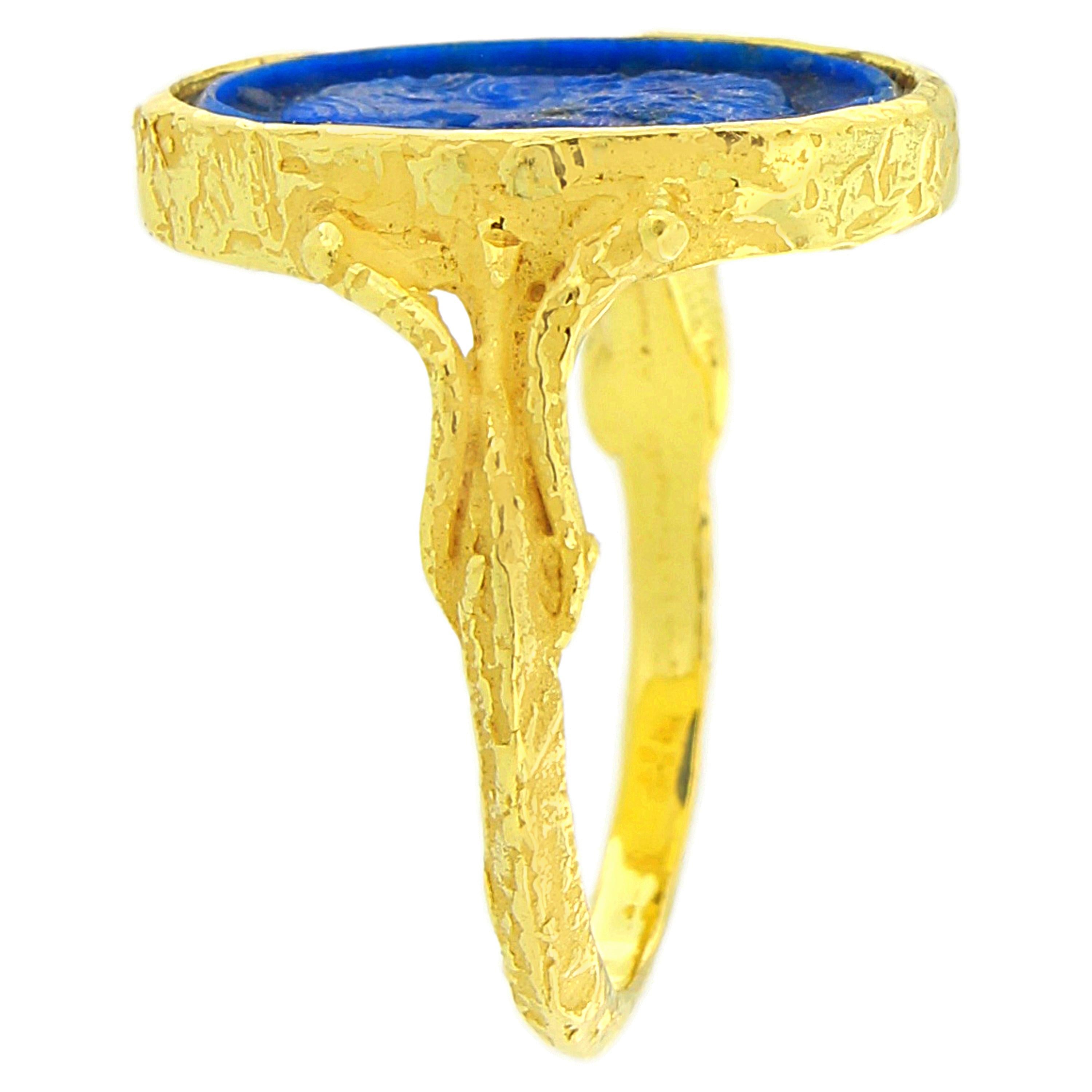 Oval Cut Sacchi Lapis Lazuli Cameo Ring 18 Karat Satin Yellow Gold