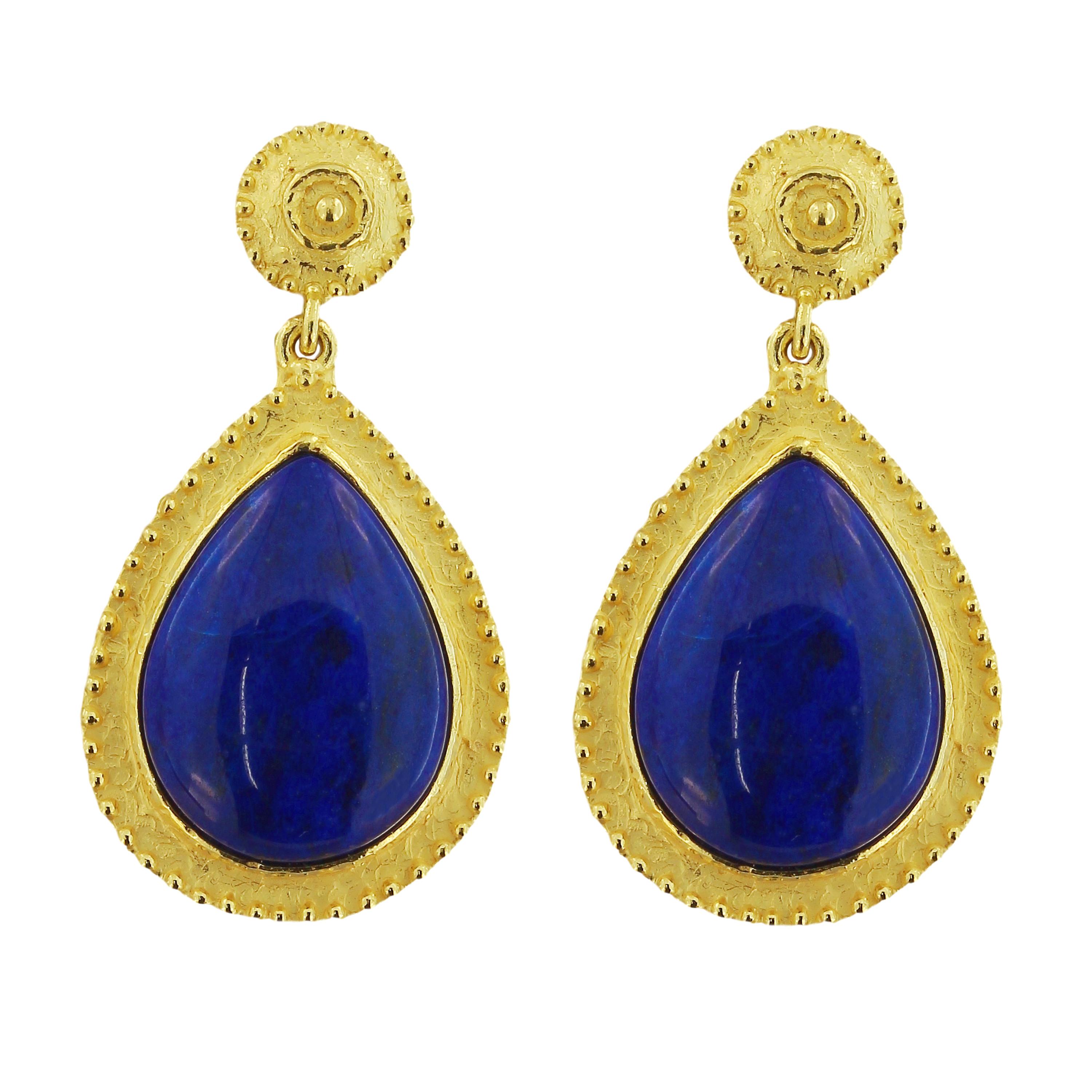 Oval Cut Sacchi Lapis Lazuli Drop Earrings 18 Karat Satin Yellow Gold