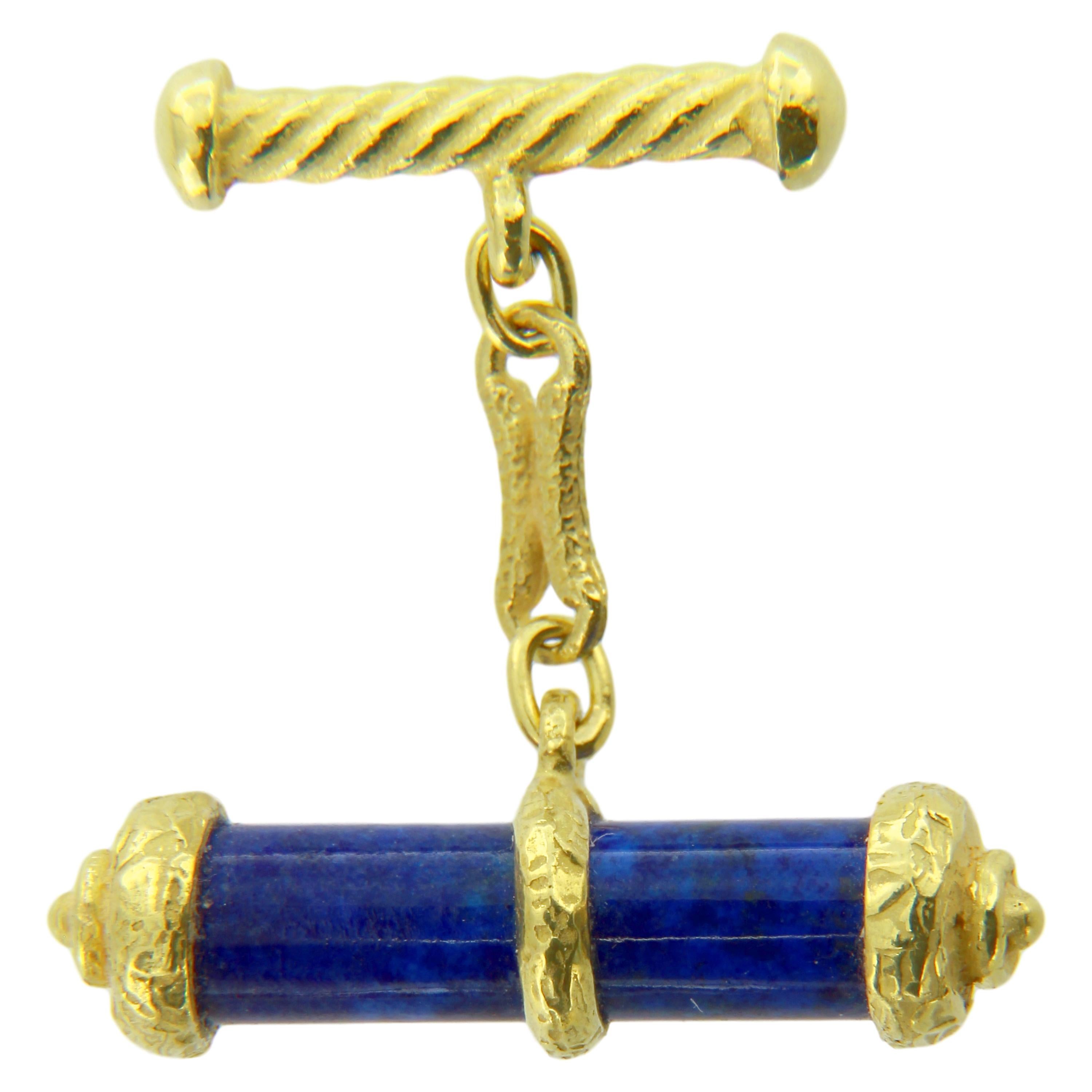 Gorgeous Lapis Lazuli Gemstone Satin Yellow Gold Cylinder Chain Cufflinks hand-crafted with lost-wax casting technique.

Lost-wax casting, one of the oldest techniques for creating jewellery, forms the basis of Sacchi's jewellery production.