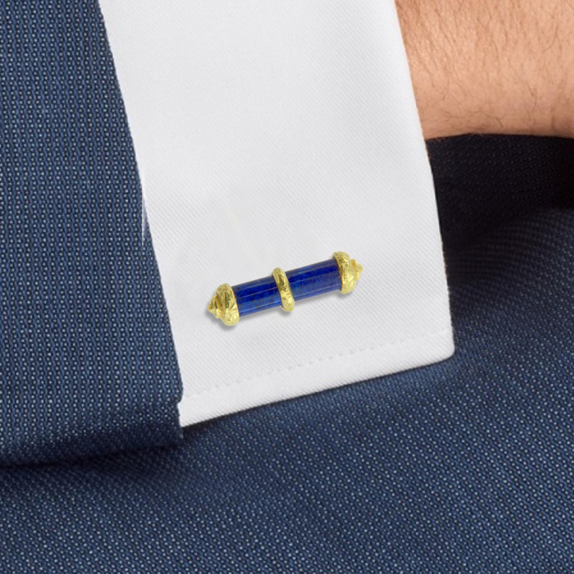 Sacchi Lapis Lazuli Gemstone 18 Karat Satin Yellow Gold Cylinder Chain Cufflinks In New Condition For Sale In Rome, IT