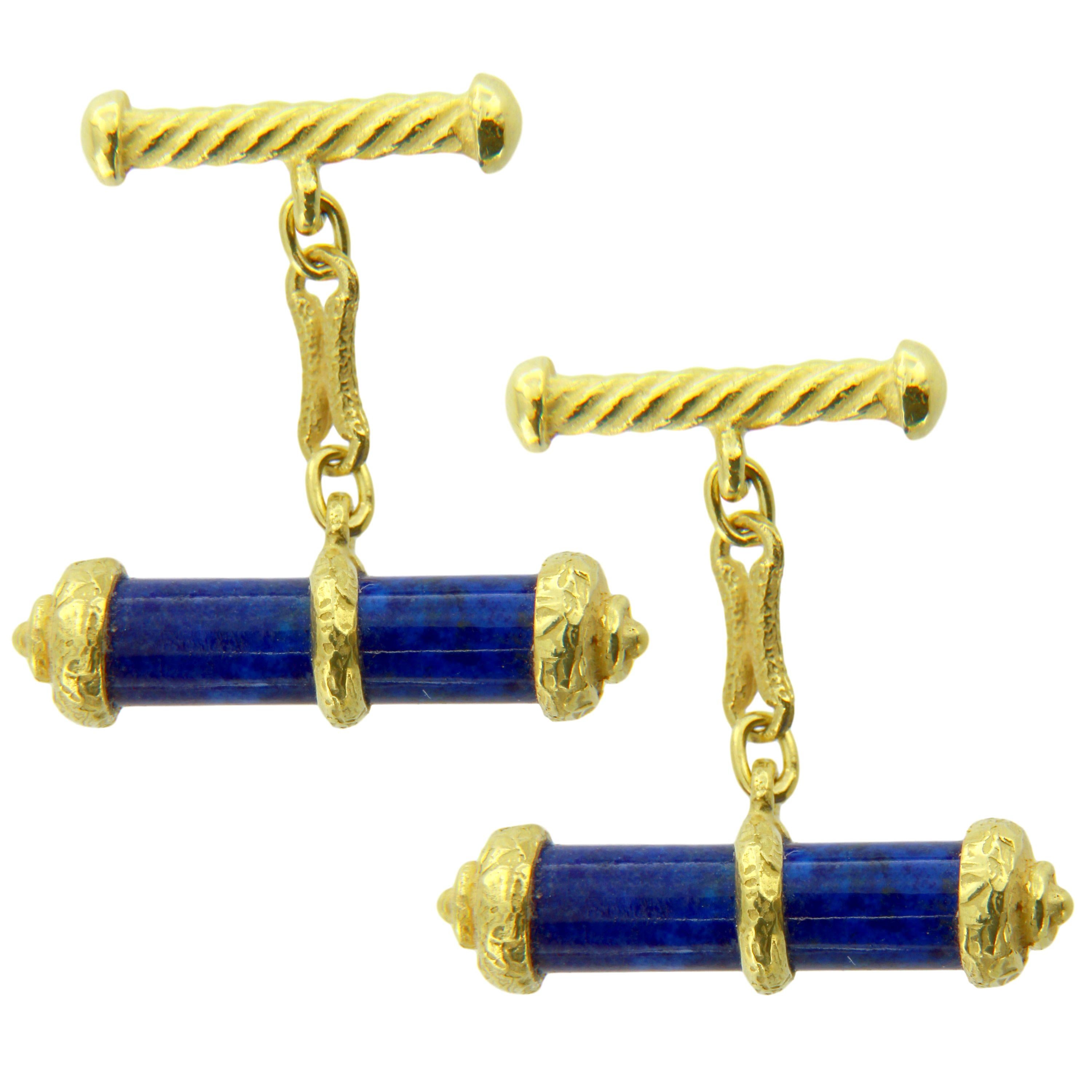 Sacchi Lapis Lazuli Gemstone 18 Karat Satin Yellow Gold Cylinder Chain Cufflinks For Sale