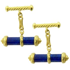 Sacchi Lapis Lazuli Gemstone 18 Karat Satin Yellow Gold Cylinder Chain Cufflinks