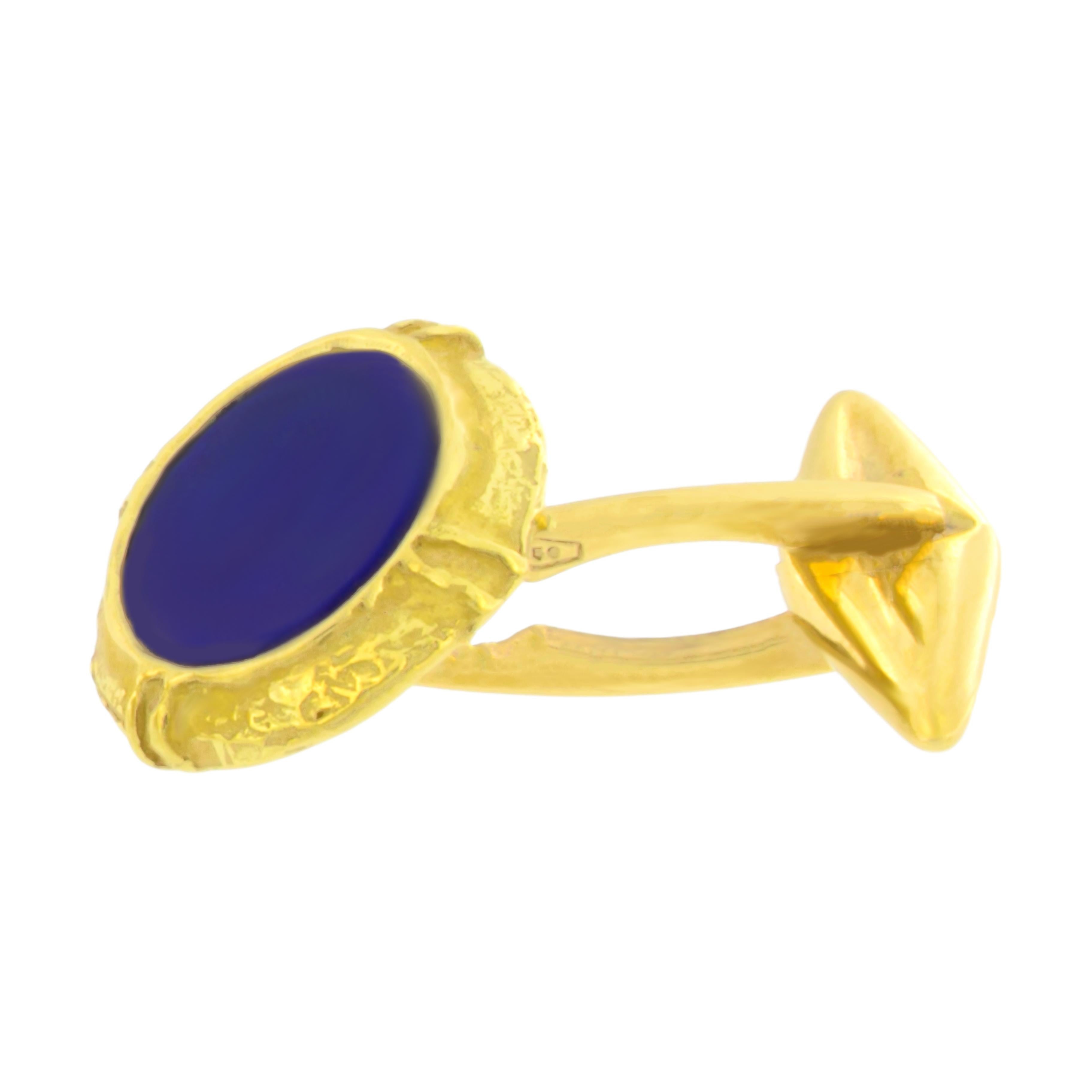 Oval Cut Sacchi Lapis Lazuli Gemstone 18 Karat Satin Yellow Gold Oval Cufflinks