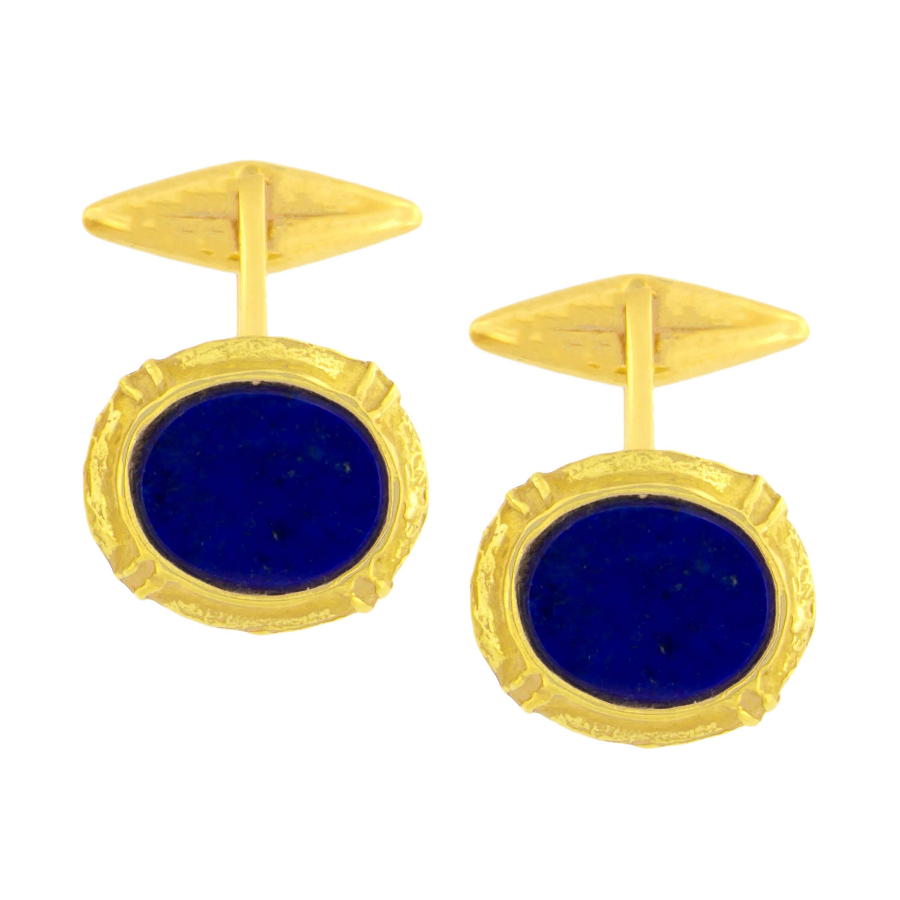 Sacchi Lapis Lazuli Gemstone 18 Karat Satin Yellow Gold Oval Cufflinks
