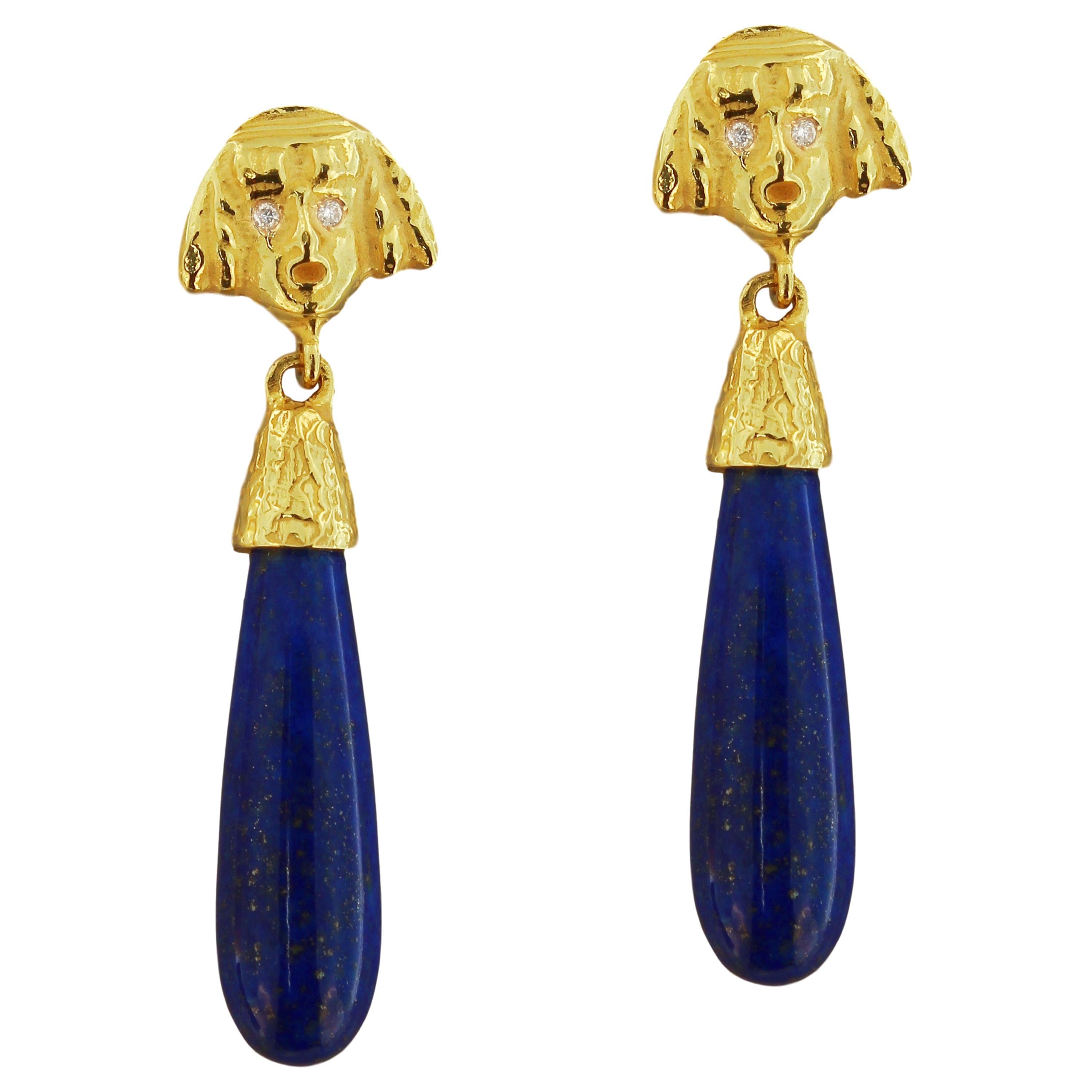 Sacchi Lapis Lazuli Sphinx Drop Earrings 18 Karat Satin Yellow Gold For Sale