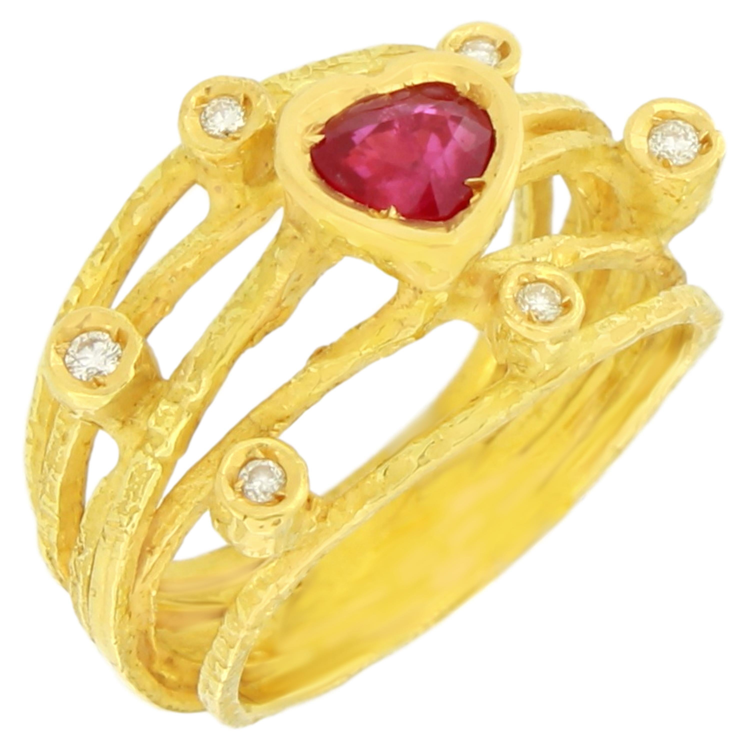 Lovely Heart Ruby and Diamonds 18 Karat Yellow Gold Cocktail Ring, from Sacchi’s 