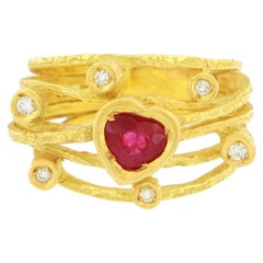Sacchi Large Heart Ruby and Diamonds Gemstone 18 Karat Yellow Gold Cocktail Ring
