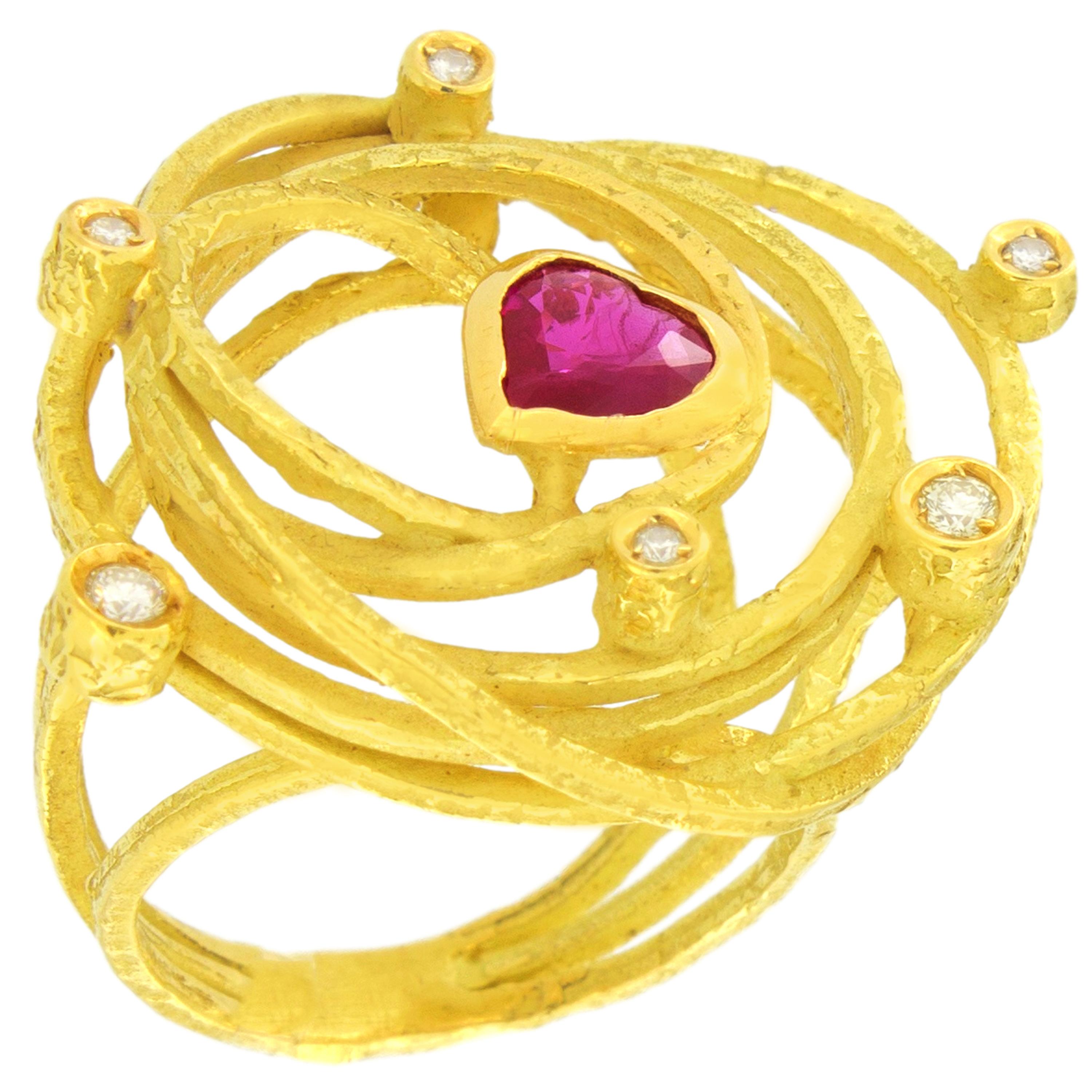 Lovely Large Heart Ruby and Diamonds Satin Yellow Gold Cocktail Ring, from Sacchi’s Universe Collection, hand-crafted with lost-wax casting technique.

Lost-wax casting, one of the oldest techniques for creating jewelry, forms the basis of Sacchi's