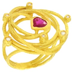 Sacchi Large Heart Ruby and Diamonds Gemstone 18 Kt Yellow Gold Cocktail Ring