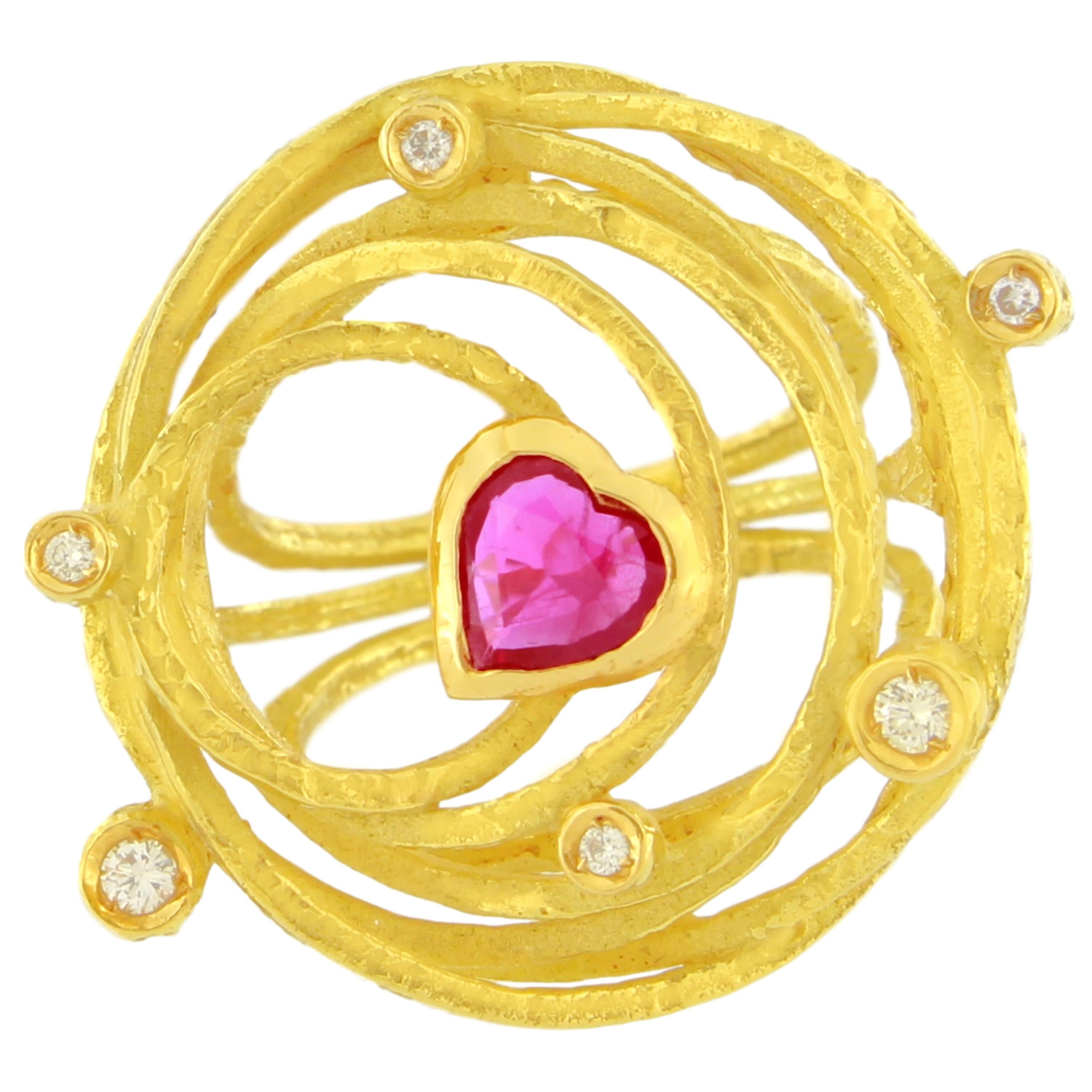 Sacchi Large Heart Ruby and Diamonds Gemstone 18 Kt Yellow Gold Cocktail Ring For Sale