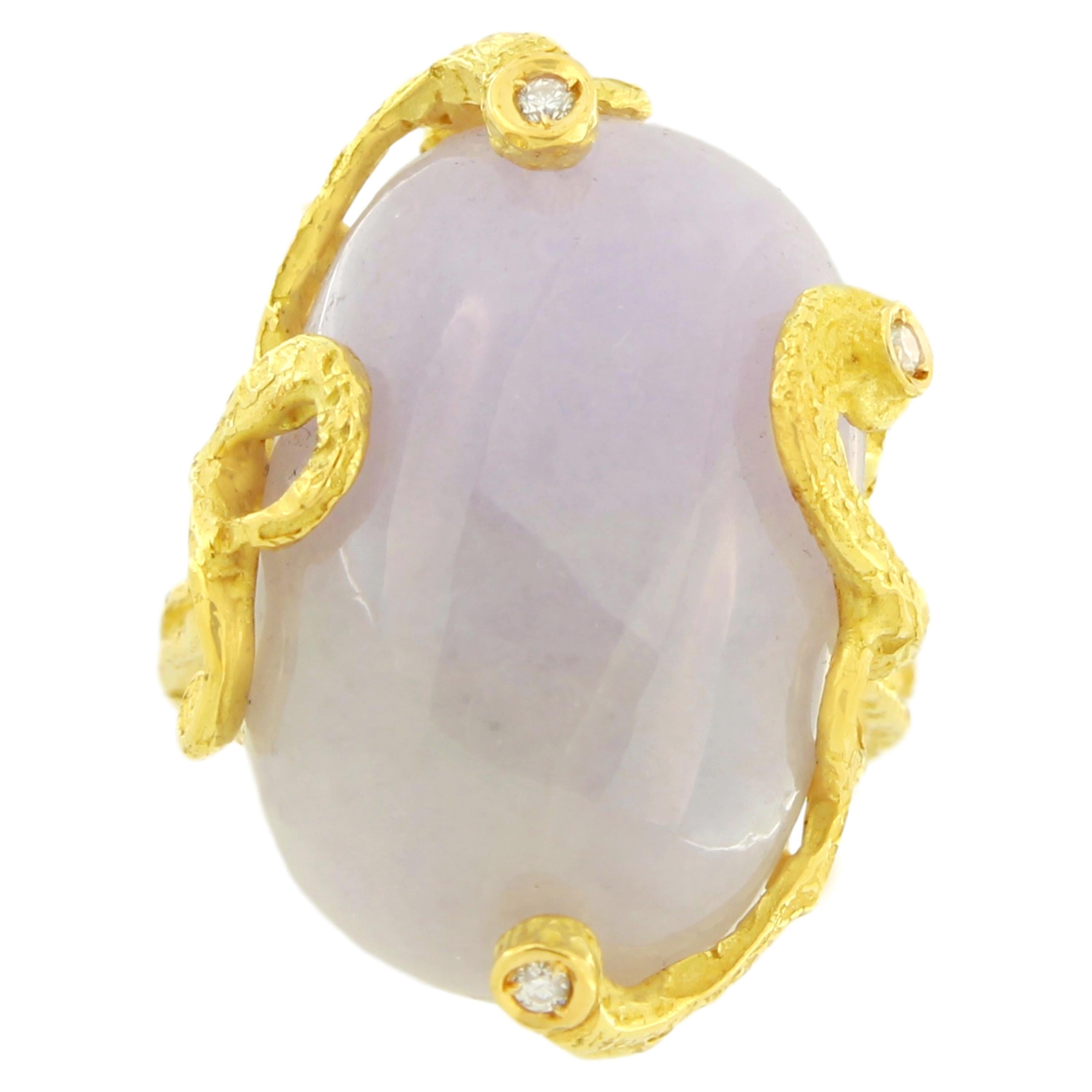 Exquisite Lavender Jade Gemstone Satin Yellow Gold Cocktail Ring embellished with White Diamonds, from Sacchi’s “Burlesque” Collection, hand-crafted with lost-wax casting technique.

Lost-wax casting, one of the oldest techniques for creating
