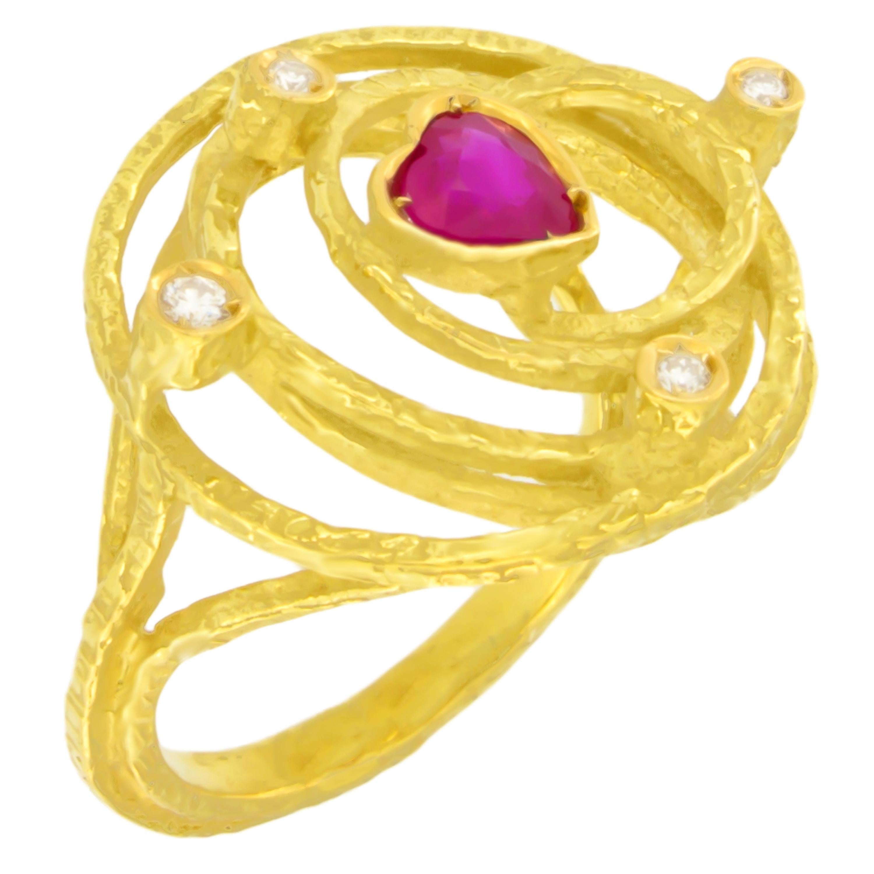 Lovely Medium Heart Ruby and Diamonds Satin Yellow Gold Cocktail Ring, from Sacchi’s Universe Collection, hand-crafted with lost-wax casting technique.

Lost-wax casting, one of the oldest techniques for creating jewelry, forms the basis of Sacchi's