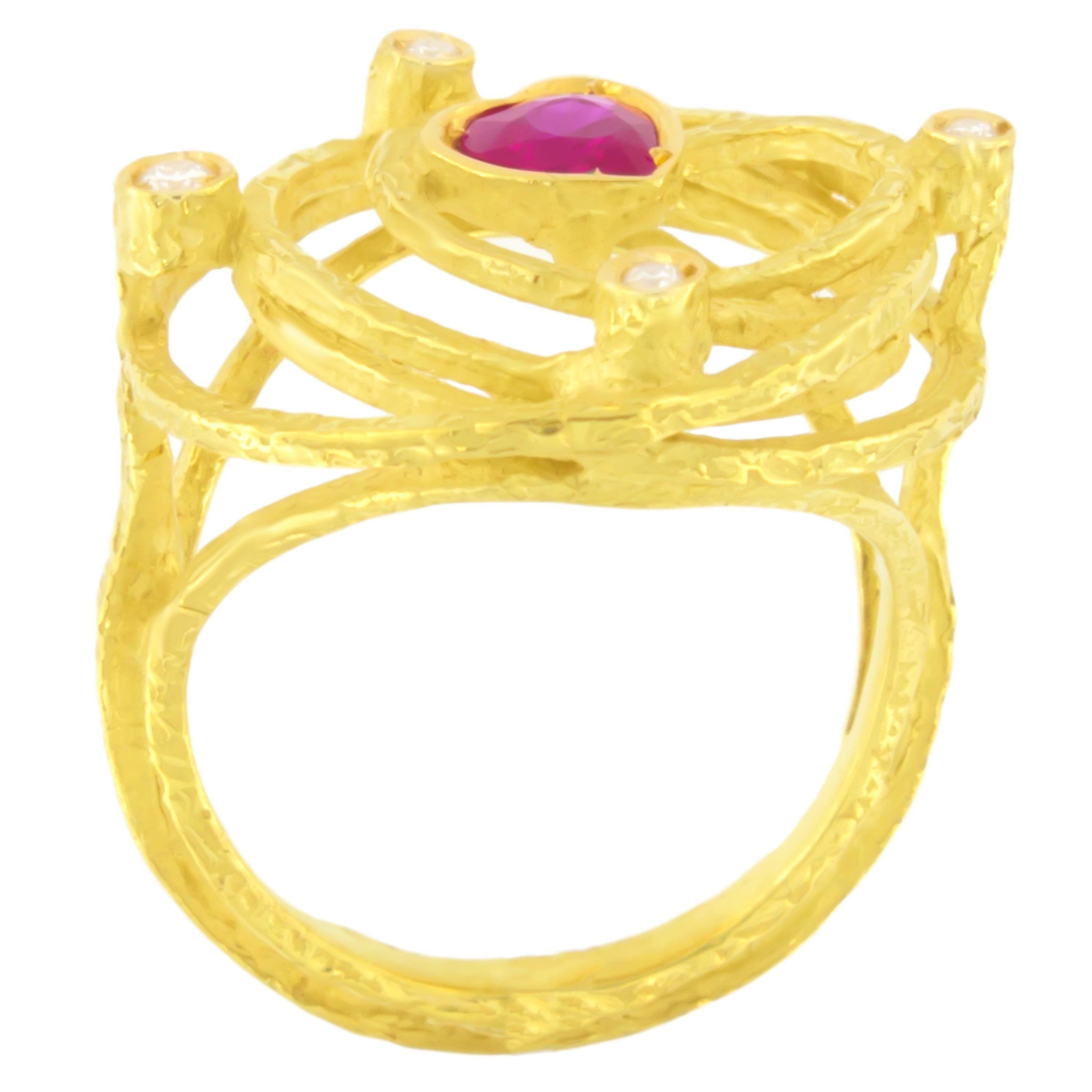 Contemporary Sacchi Medium Heart Ruby and Diamonds Gemstone 18 Karat Gold Cocktail Ring