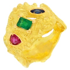 Sacchi Multi-Color Precious Gemstones 18 Karat Satin Yellow Gold Band Ring