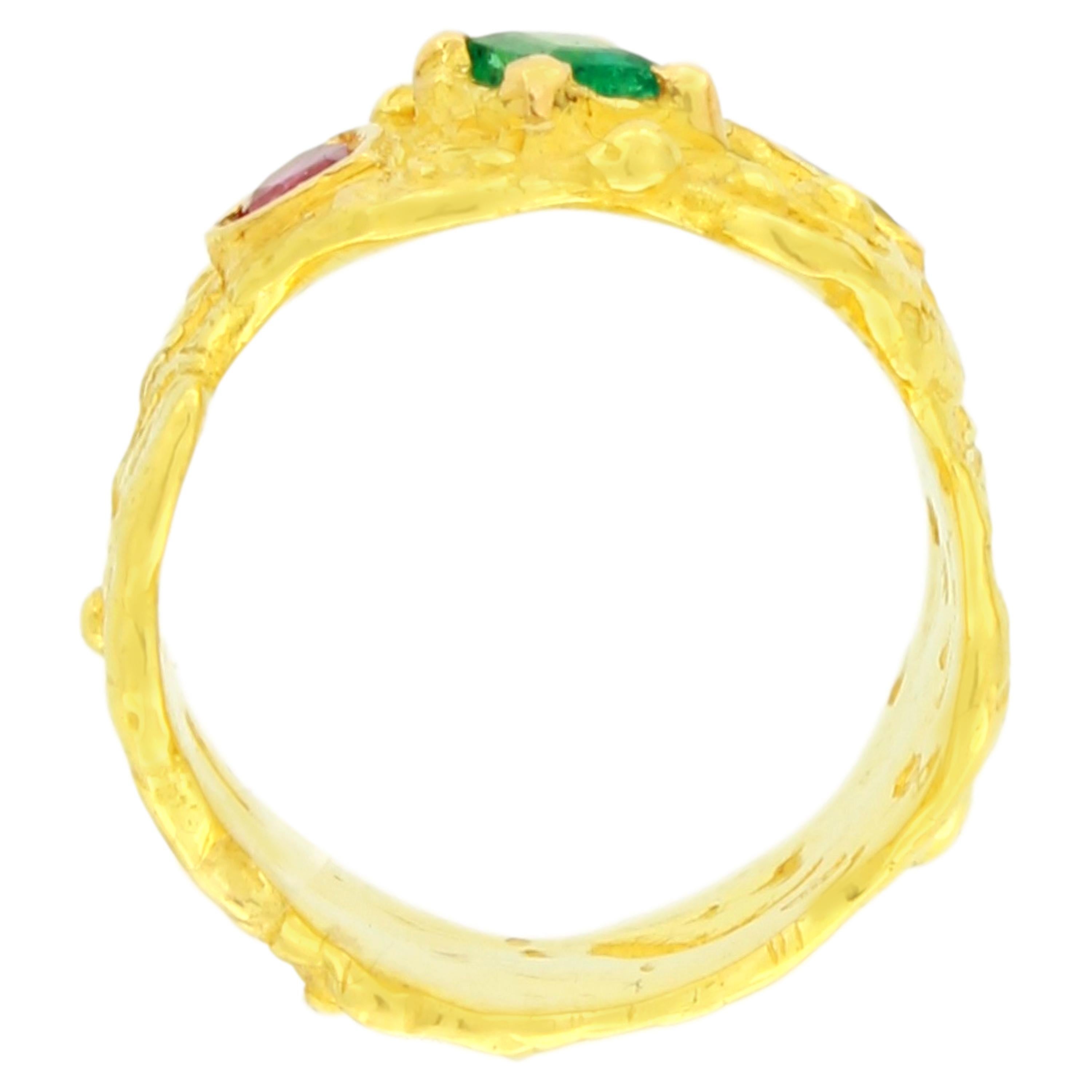 Contemporary Sacchi Multi-Color Precious Gemstones 18 Karat Satin Yellow Gold Band Ring For Sale