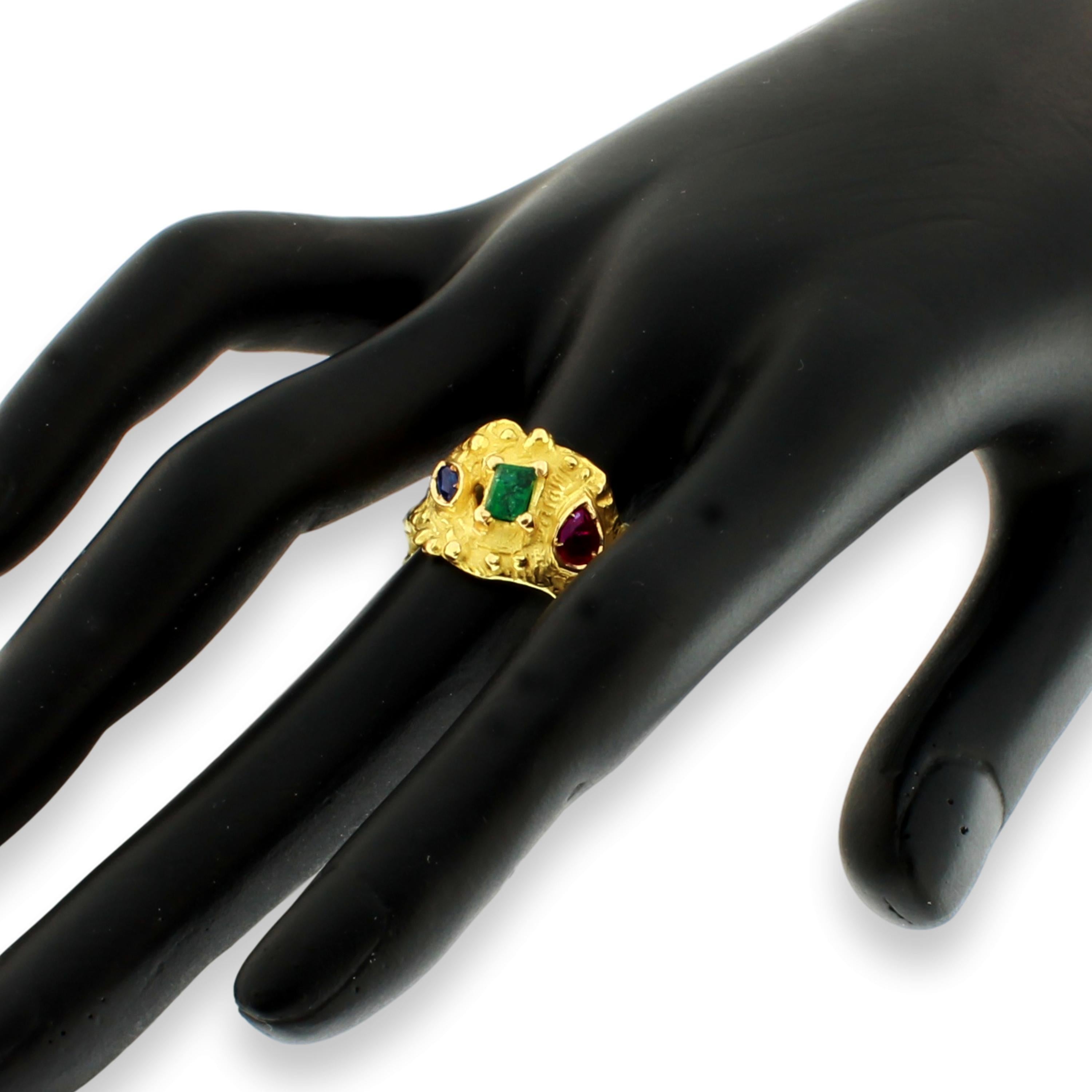 Women's or Men's Sacchi Multi-Color Precious Gemstones 18 Karat Satin Yellow Gold Band Ring For Sale