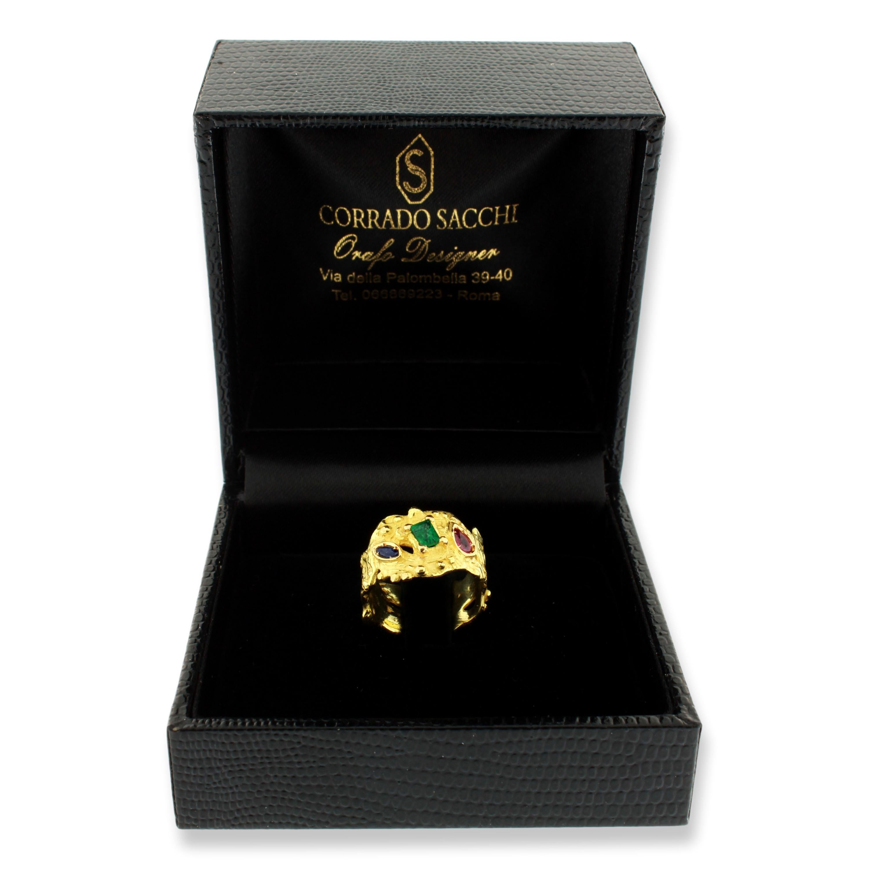 Sacchi Multi-Color Precious Gemstones 18 Karat Satin Yellow Gold Band Ring For Sale 1