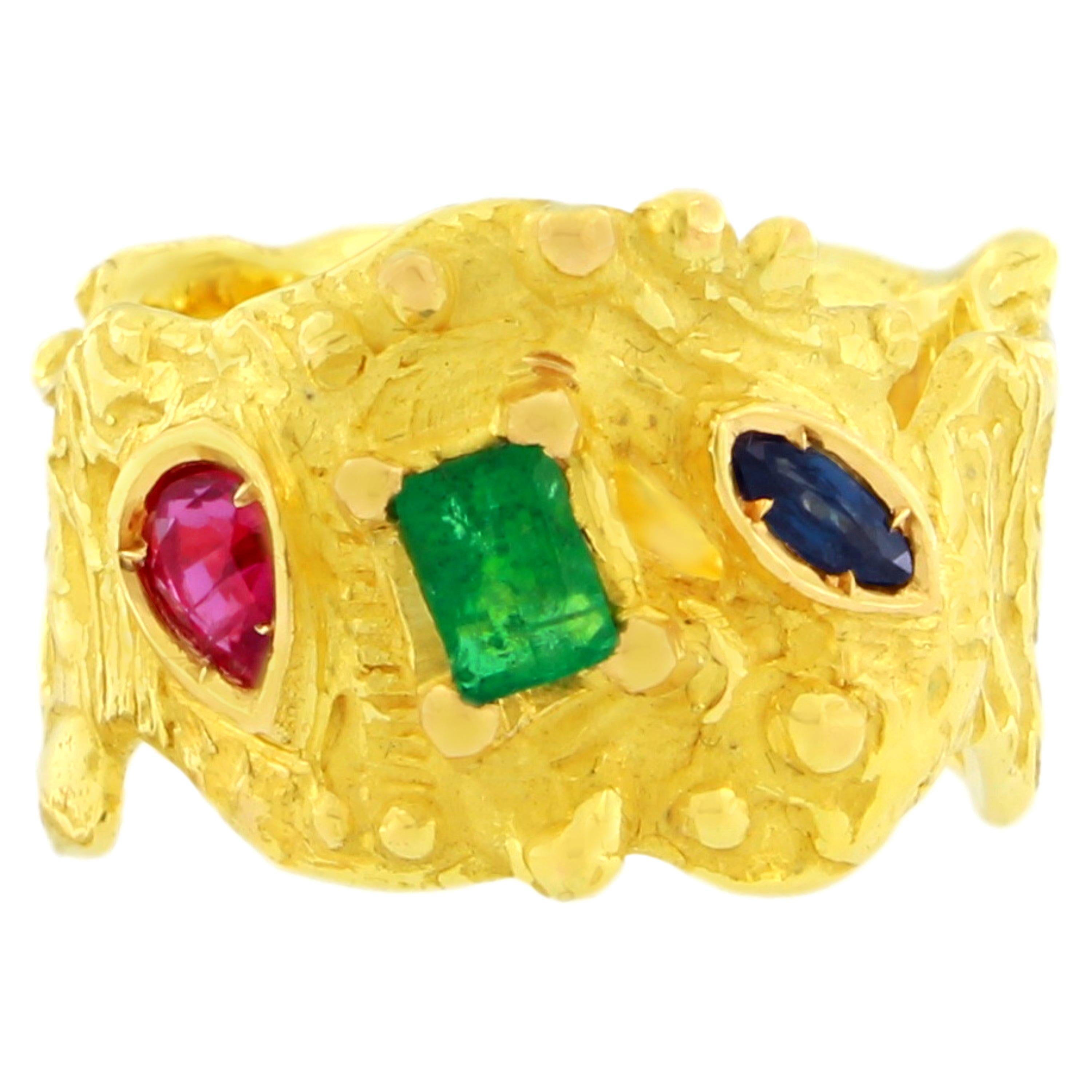 Sacchi Multi-Color Precious Gemstones 18 Karat Satin Yellow Gold Band Ring