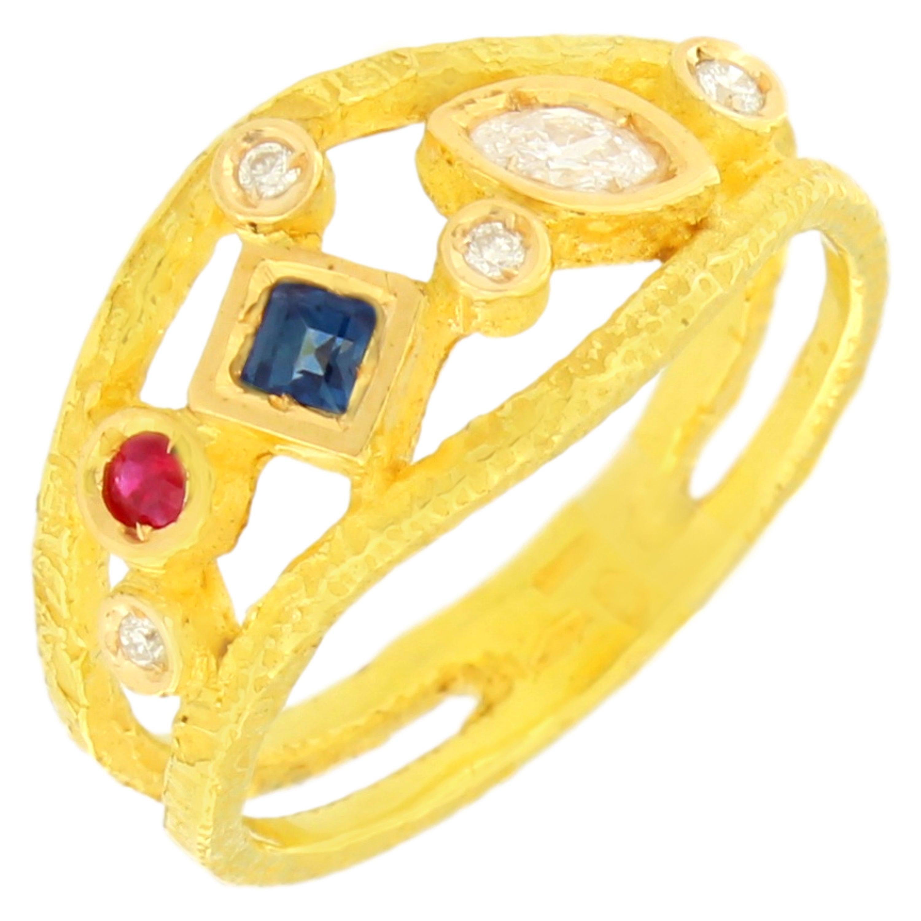 Sacchi Multi-Color Precious Gemstones 18 Karat Yellow Gold Cocktail Ring