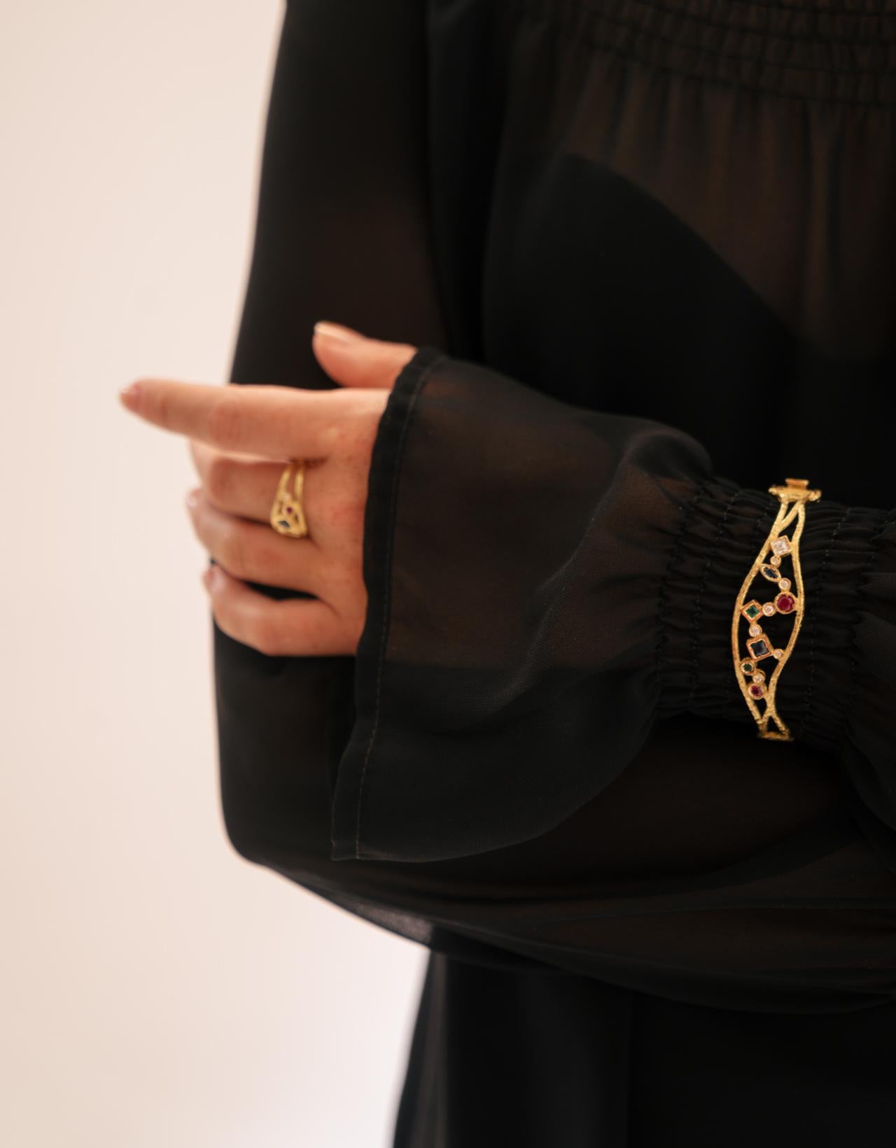 Women's Sacchi Multi-Color Precious Gemstones 18 Karat Yellow Gold Cuff Bracelet For Sale