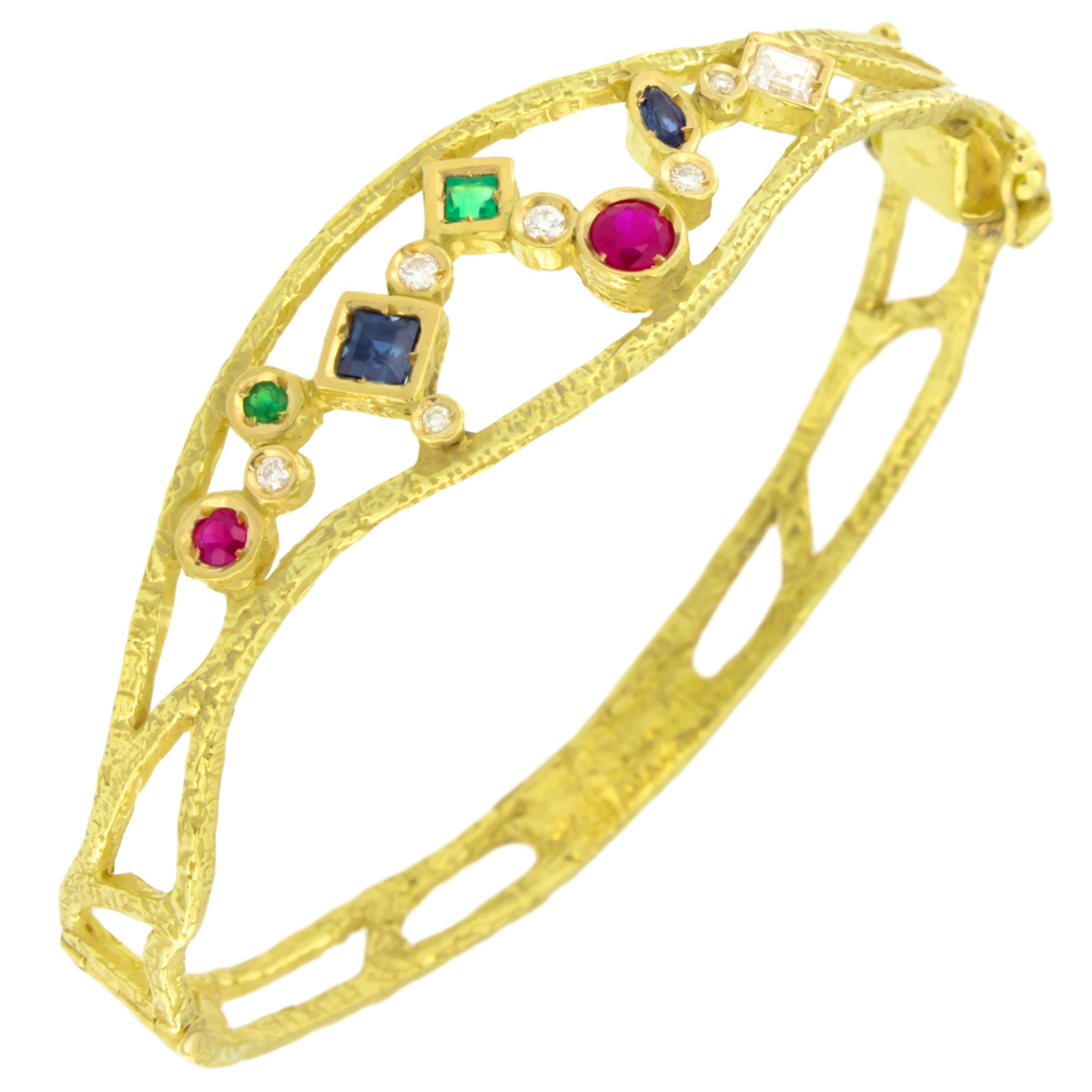 Sacchi Multi-Color Precious Gemstones 18 Karat Yellow Gold Cuff Bracelet