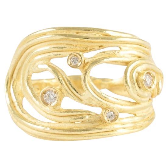 Sacchi "WAVES" Diamond Gemstone 18 Karat Satin Yellow Gold Fashion Band Ring
