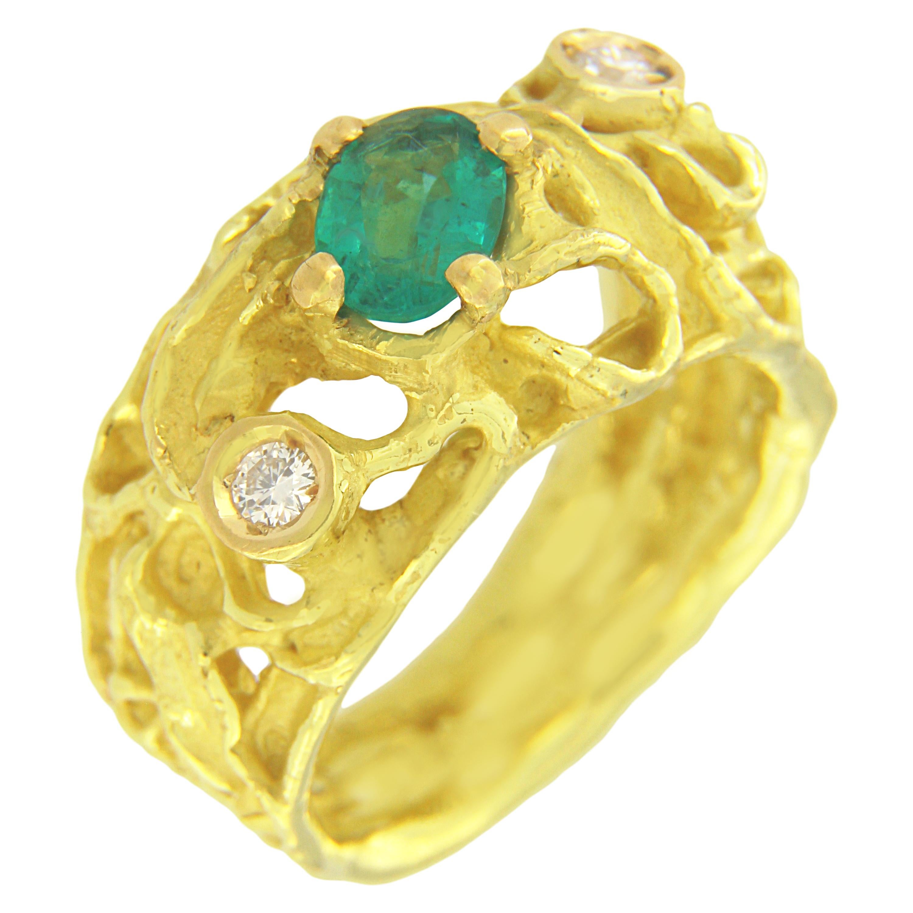 Oval Emerald and Diamonds Satin Yellow Gold Cocktail Ring, from Sacchi’s Abstract Collection, hand-crafted with lost-wax casting technique.

Lost-wax casting, one of the oldest techniques for creating jewelry, forms the basis of Sacchi's jewelry