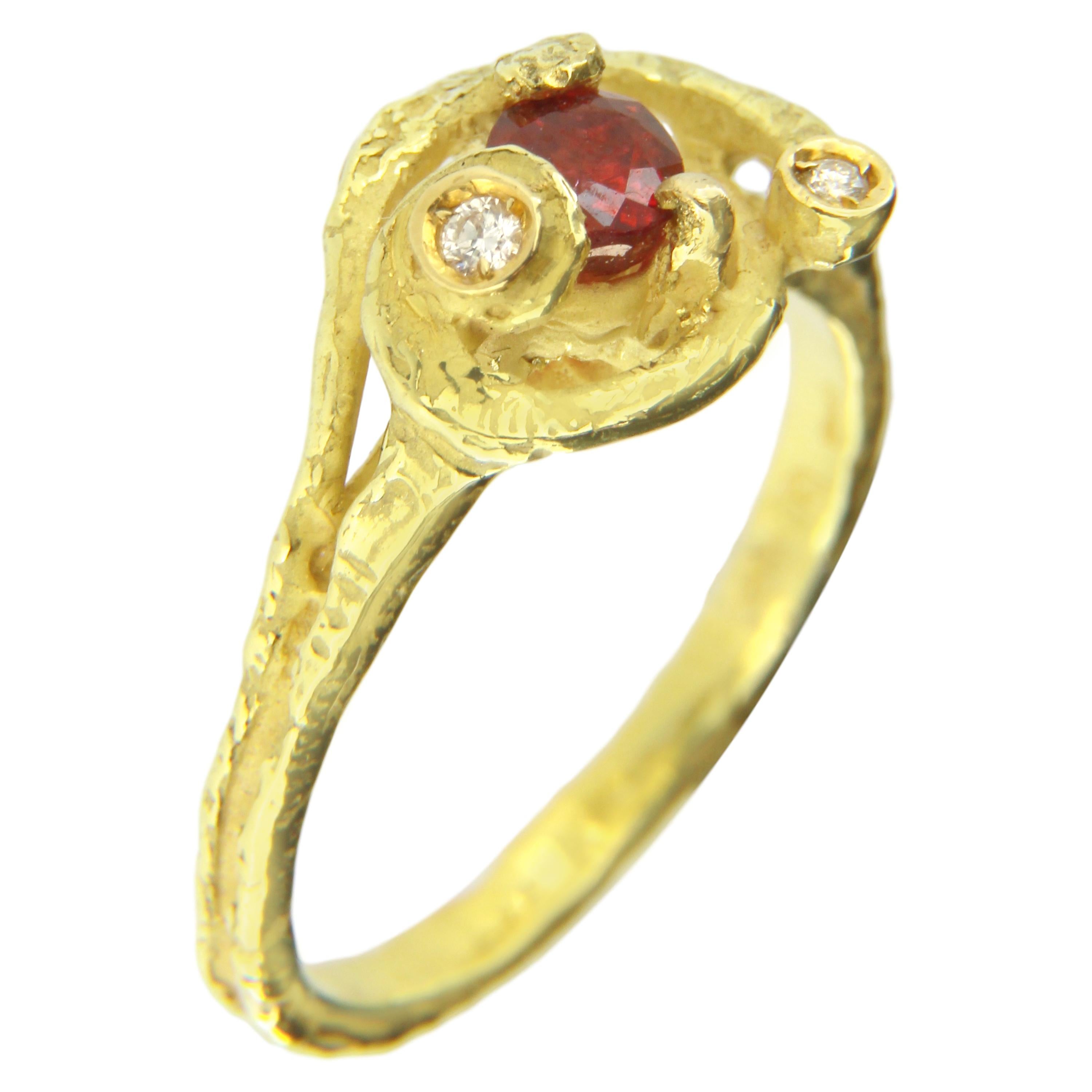 Exquisite Ruby and Diamonds Gemstone Satin Yellow Gold Small Cocktail Ring, from Sacchi's , hand-crafted with lost-wax casting technique.

Lost-wax casting, one of the oldest techniques for creating jewelry, forms the basis of Sacchi's jewelry