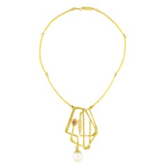 Sacchi Pearl Ruby and Diamonds Gemstone 18 Karat Yellow Gold Pendant Necklace