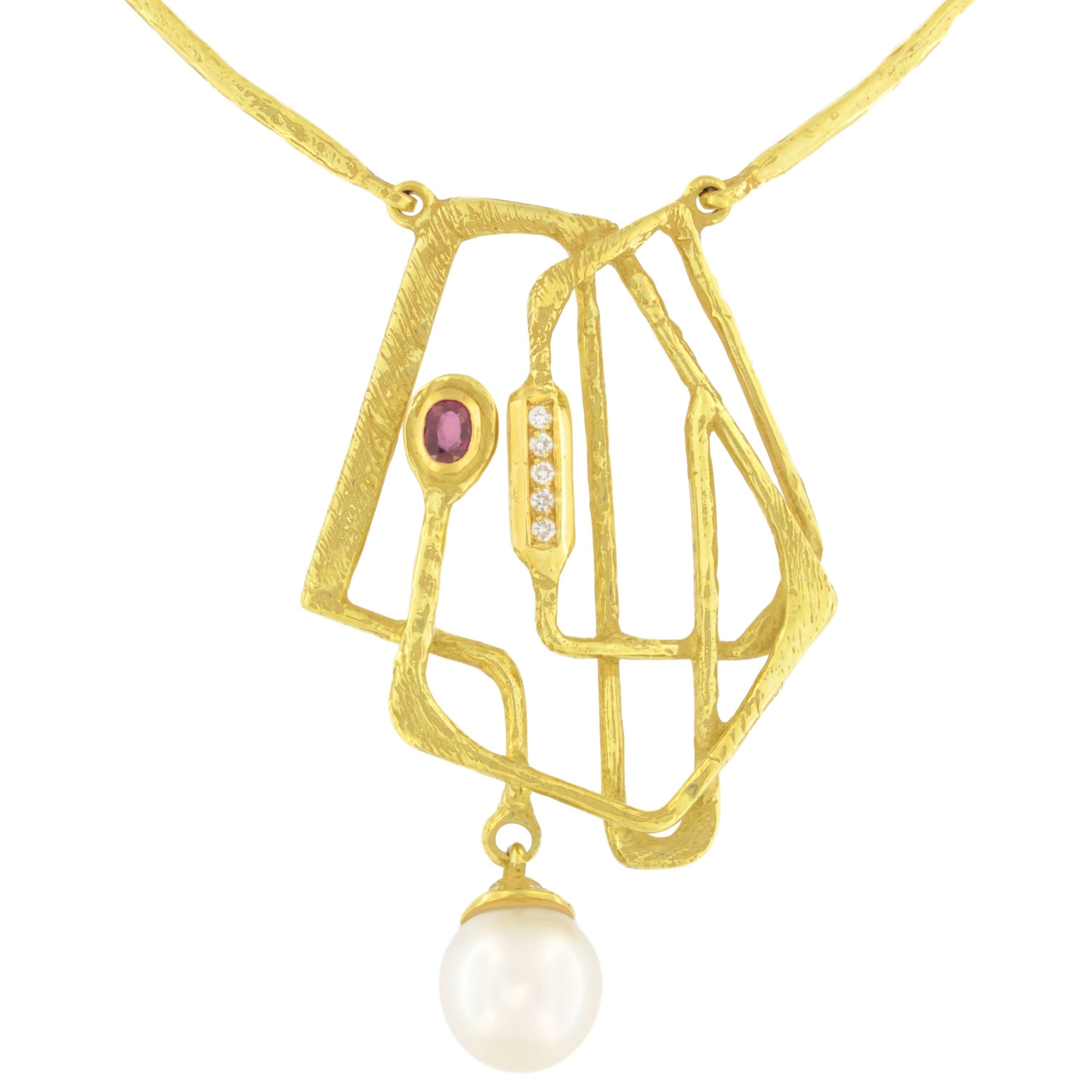 Sacchi Pearl Ruby and Diamonds Gemstone 18 Karat Yellow Gold Pendant Necklace For Sale