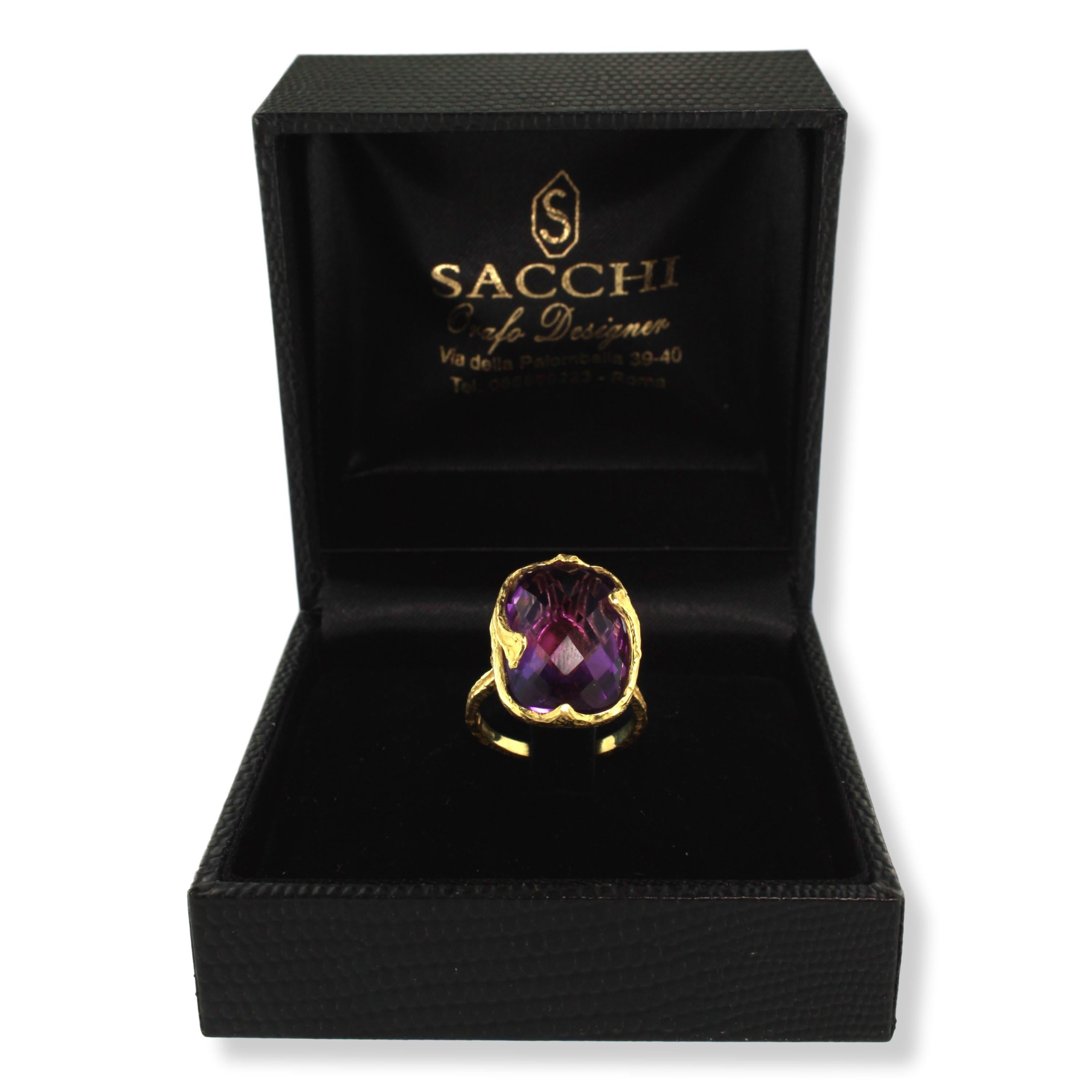 Women's Sacchi Purple Amethyst Gemstone 18 Karat Satin Yellow Gold Fashion Ring