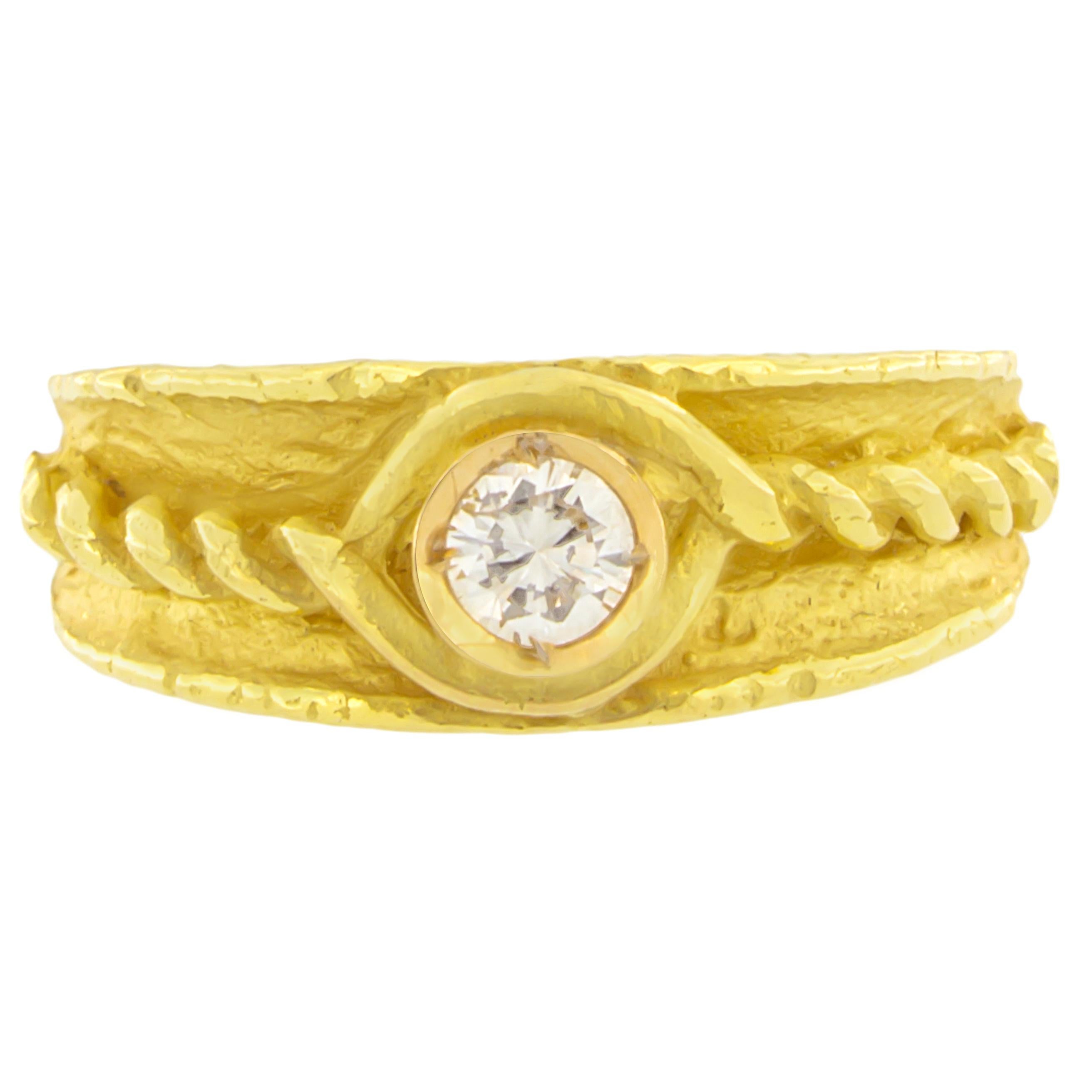 Round Diamond Satin Yellow Gold Roman Band Ring, from Sacchi’s Roma Collection, hand-crafted with lost-wax casting technique.

Lost-wax casting, one of the oldest techniques for creating jewelry, forms the basis of Sacchi's jewelry production.